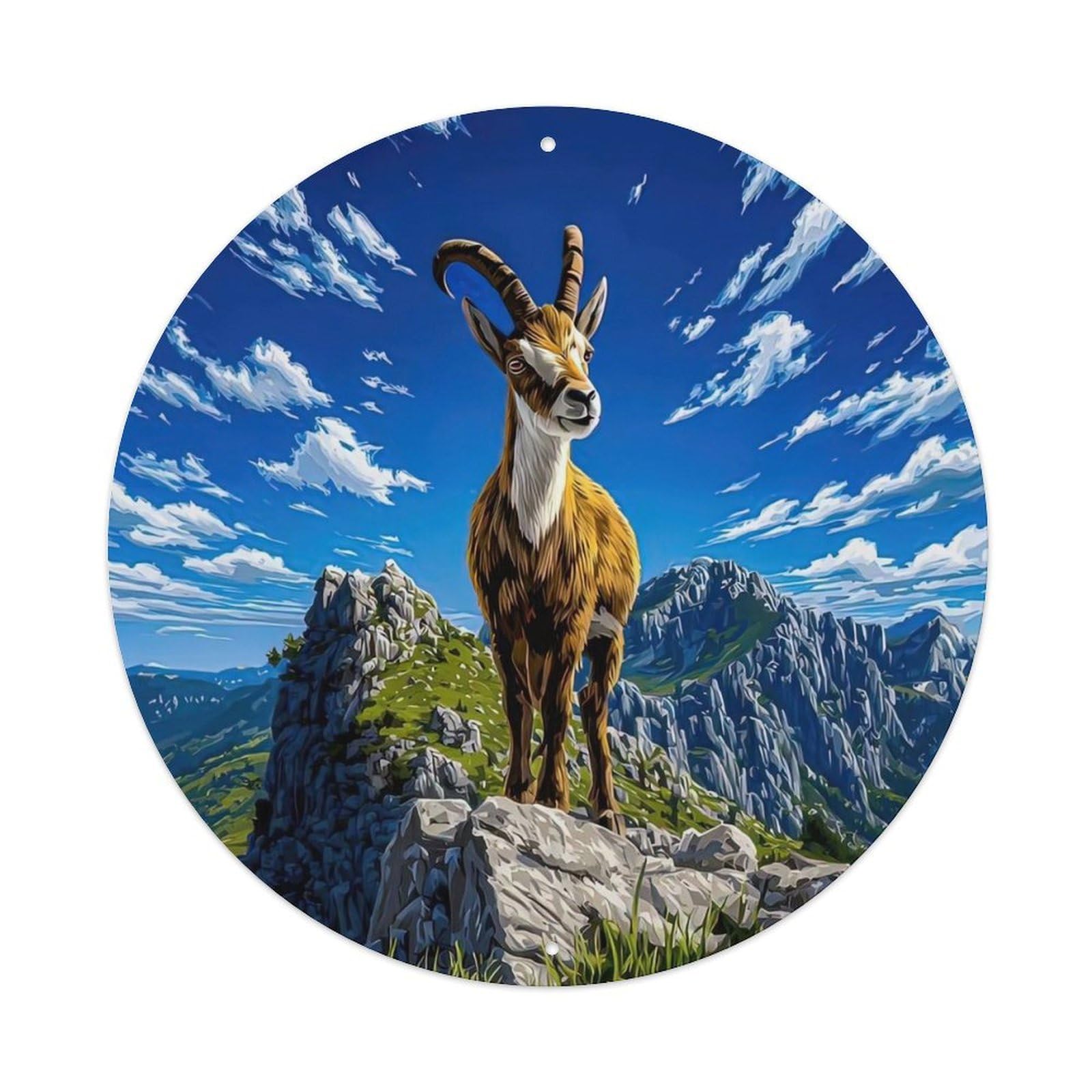Wildlife Capra Ibex on Rocky Cliff Flowers And Clouds Vintage Metal Tin Sign Plaque Wall Decor for Cafe, Club Bar, Office, Garden Metal Poster 8x8Inch
