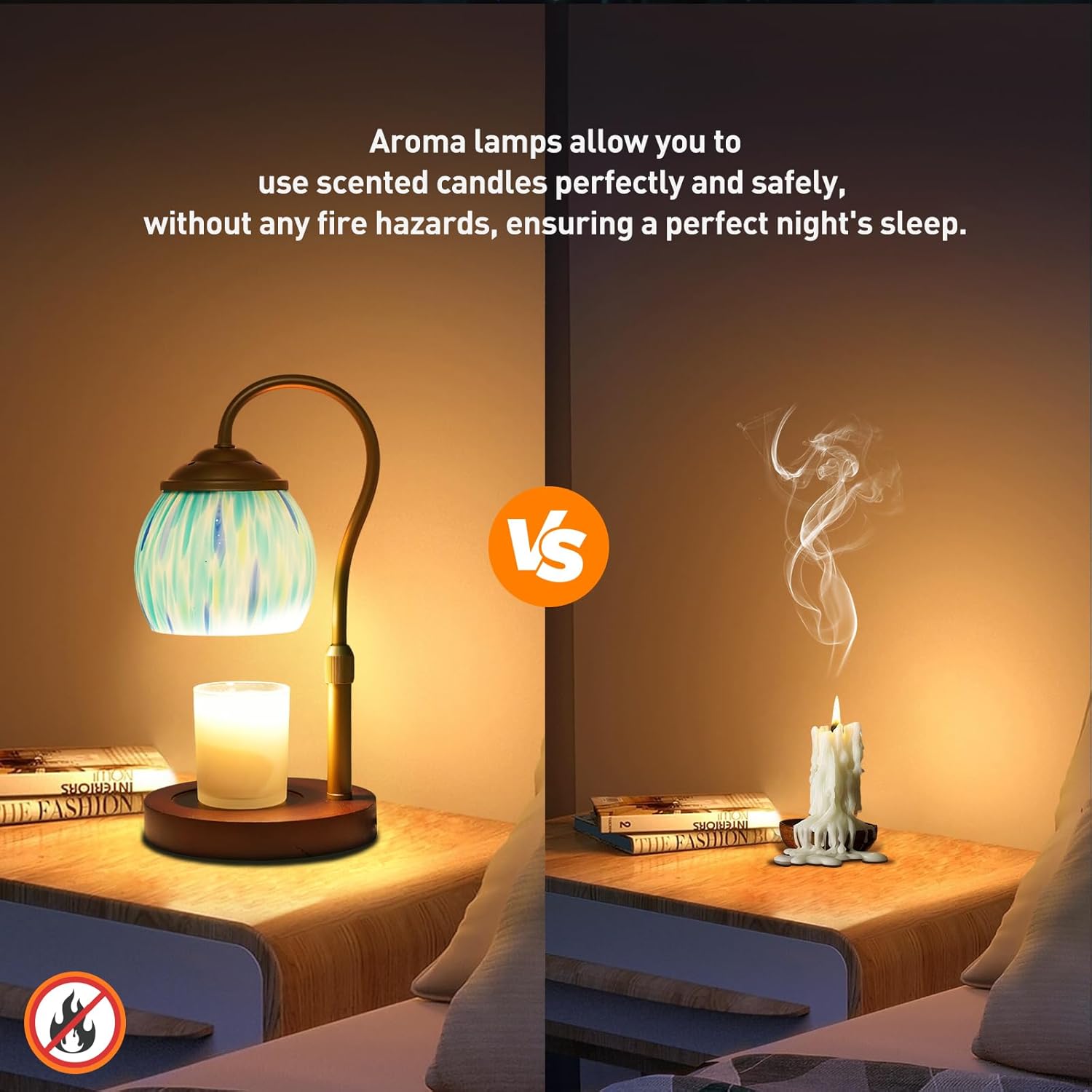 Ocean Tiffany Style Candle Warmer Lamp, Adjustable Height Candle Warmer Lamp with Timer and Dimmer, Dimmable Electric Wax Melter for Scented Candles, Glass Shade, Metal Stem, Marble Base