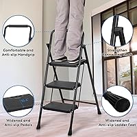 Vista 3 de Escalera de 3 escalones, taburete plegable para adultos con pedal antideslizante ancho, escalera de acero resistente, ligera, cómoda empuñadura