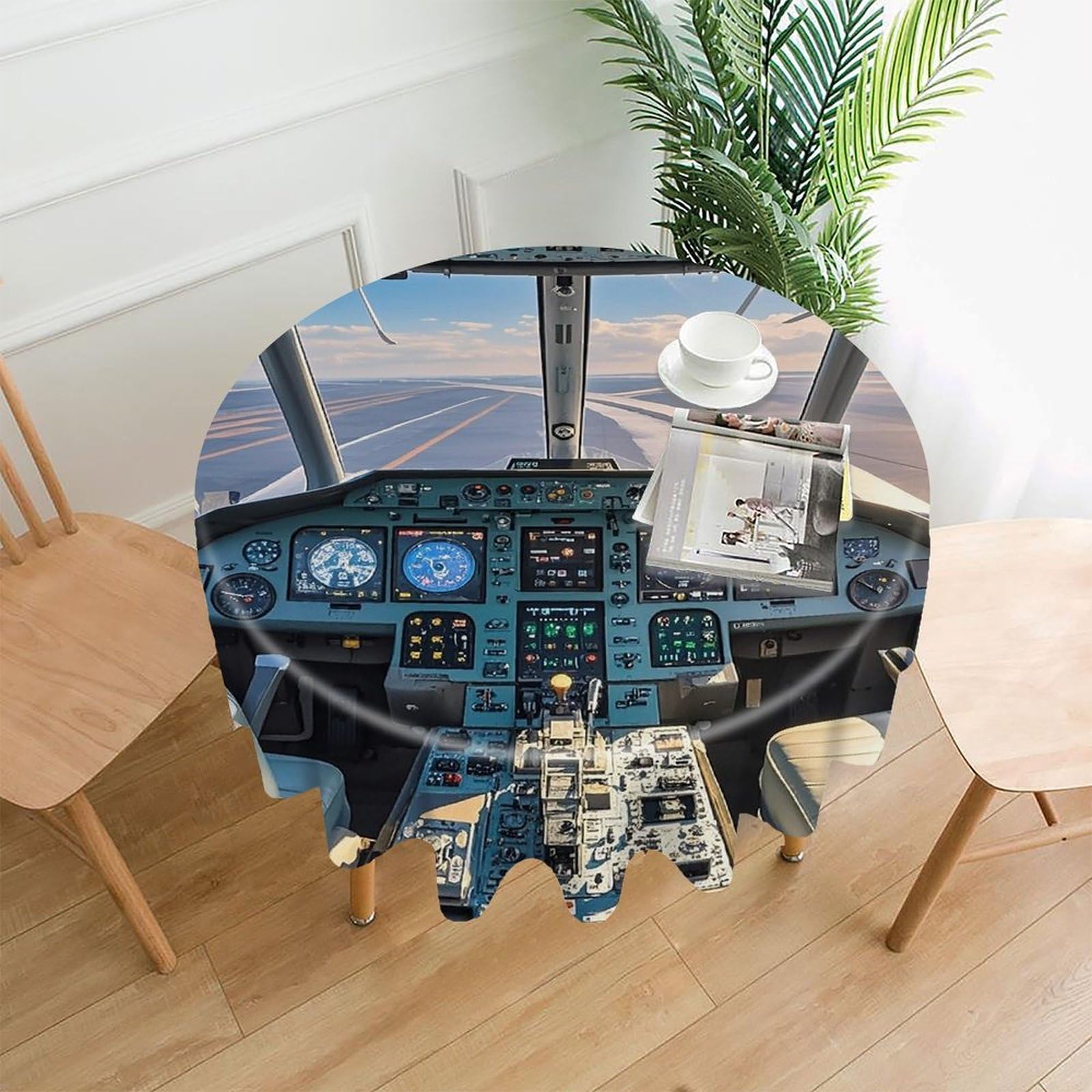 VstaDank Airplane Cockpit Table Cloth Fashions Washable Round Tablecloth Decorative Table Cover Comfortable Straight Edge Tablecover for Dining Kitchen Party Outdoor 60 Inch