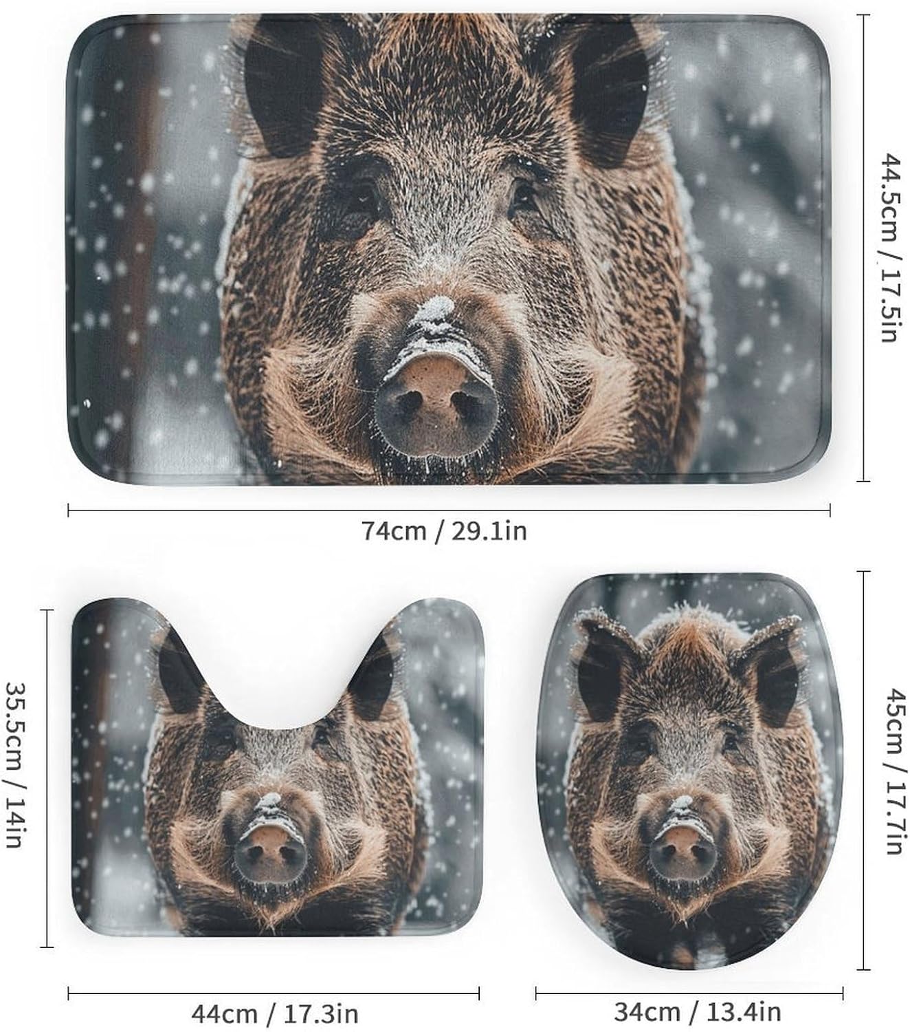 Wild Boar Shower Curtain Set 4 Piece, Non-Slip Bath Mat with Toilet Lid Cover and Waterproof Shower Curtain with 12 Hooks, Complete Bathroom Set for Home Decor