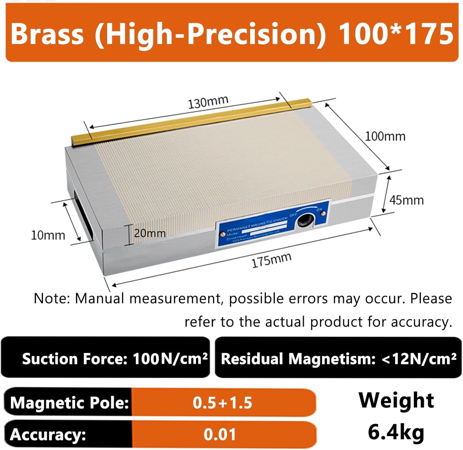 Portabrocas magnético permanente, placa de sujeción con llave, fuerza de succión de 100 N/Cm², postes magnéticos de 0,5 + 1,5 para moler y fresar piezas de trabajo