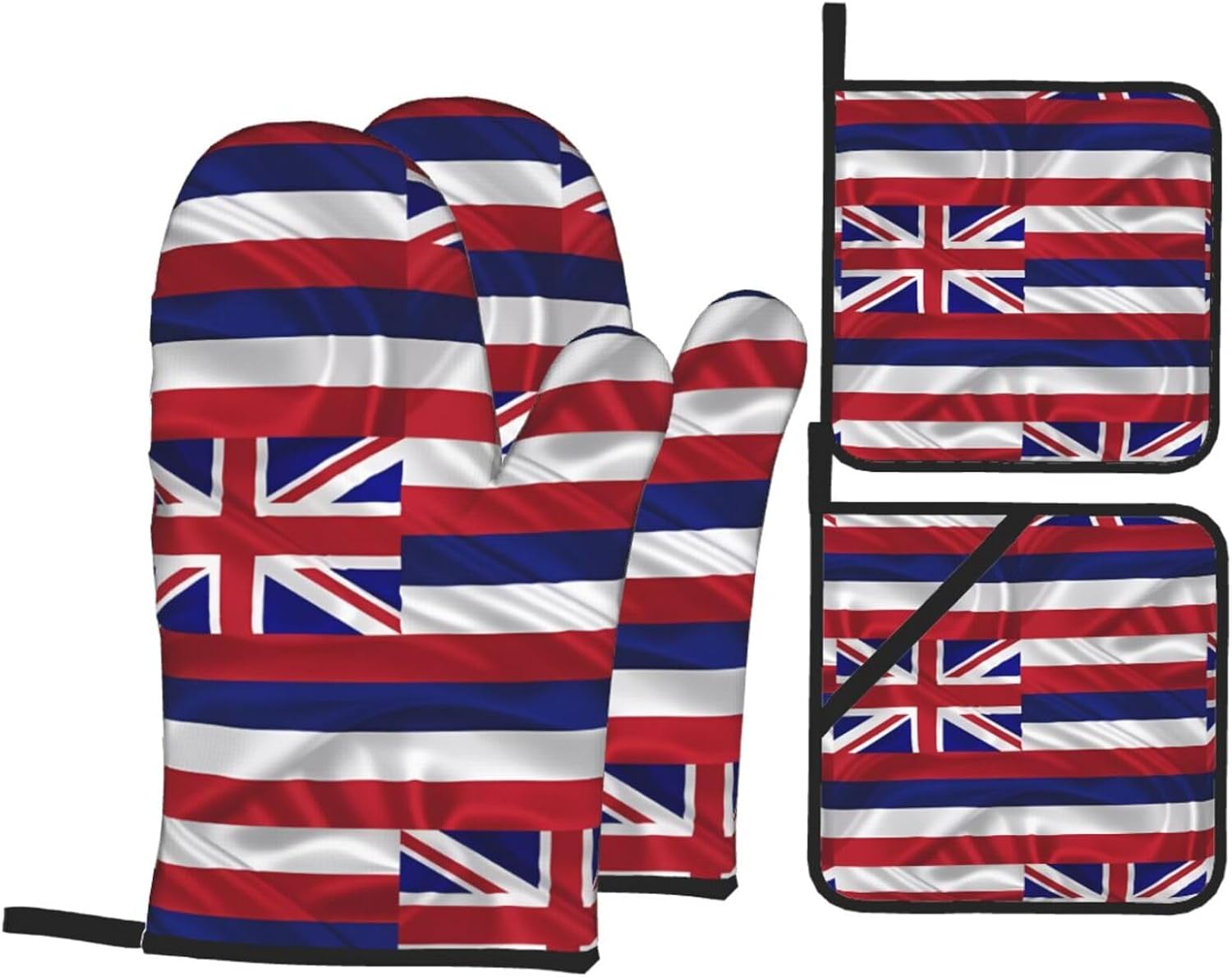 Flag of Hawaii American Oven gloves and heat-resistant mat 4-piece set. Suitable for grilling, microwave oven frying, and baking