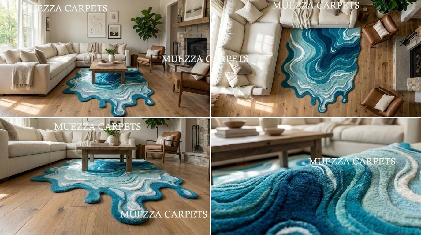 Abstract Ocean Wave Area Rug, Teal Blue Turquoise White Swirl Pattern, Hand-Tufted Textured Design with Dripping Edge, 2x3 Feet