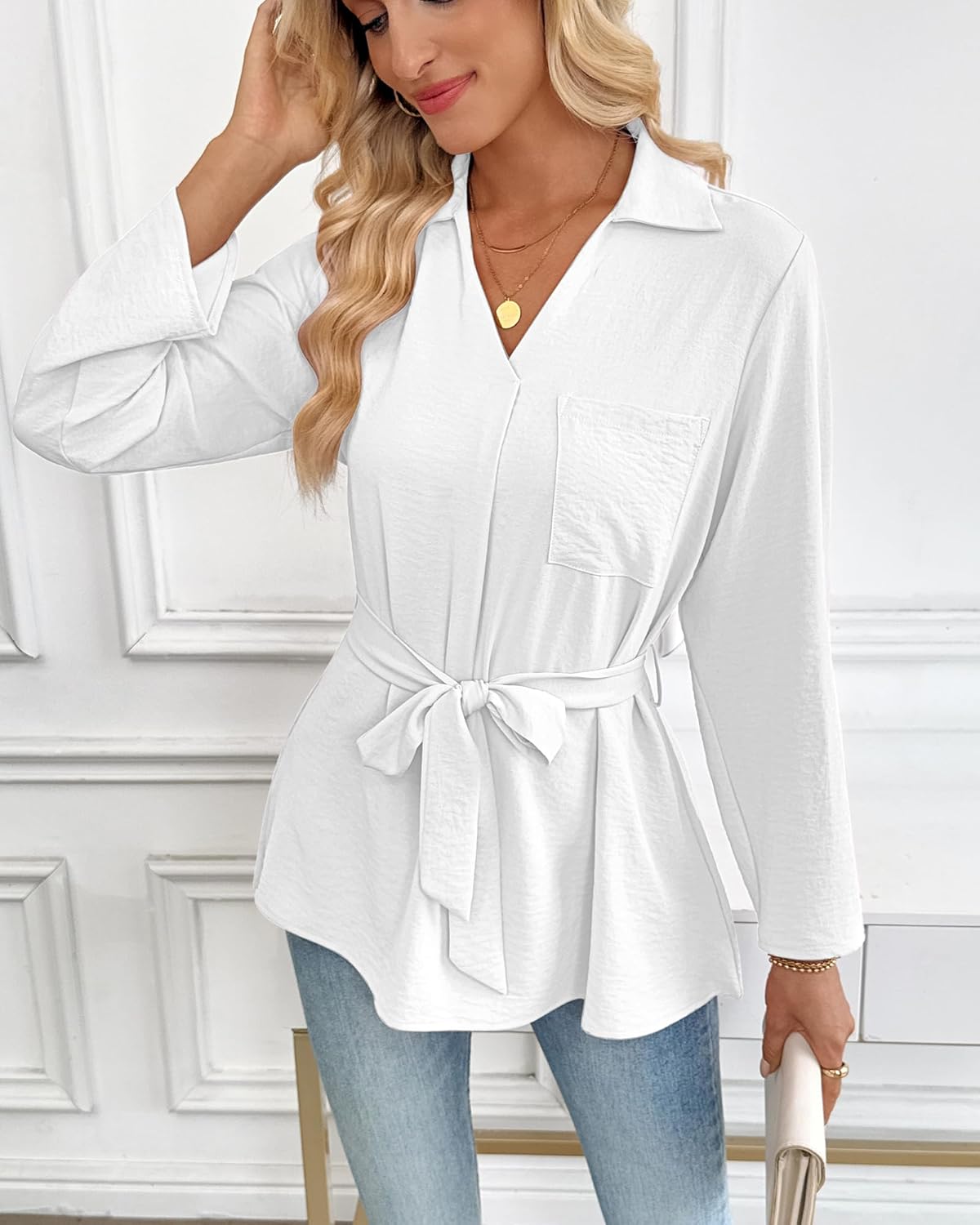 Bsubseach Women Dressy Casual Blouse Long Sleeve Work Shirts Wrap Belted V Neck Business Tops - Image 2