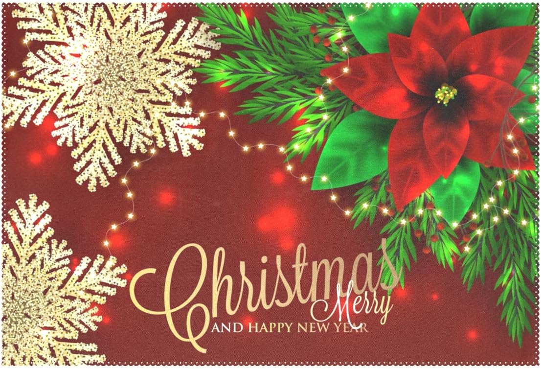 ALAZA Christmas Poinsettia and Snowflakes Placemats for Dining Table Heat Resistant Kitchen Table Decor Washable Table Mats Set of 6