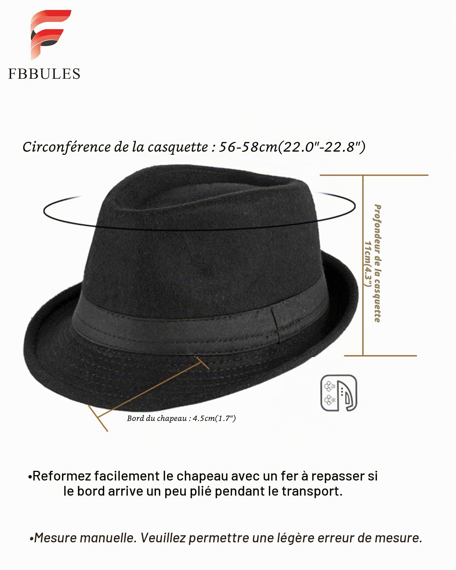 Chapeau Fedora Homme Femme en Feutre Rétro Chapeau Trilby Panama Jazz Cap Réglable Casquette Souple à Large Bords Roulés Vintage Chapeaux Melon Gangster