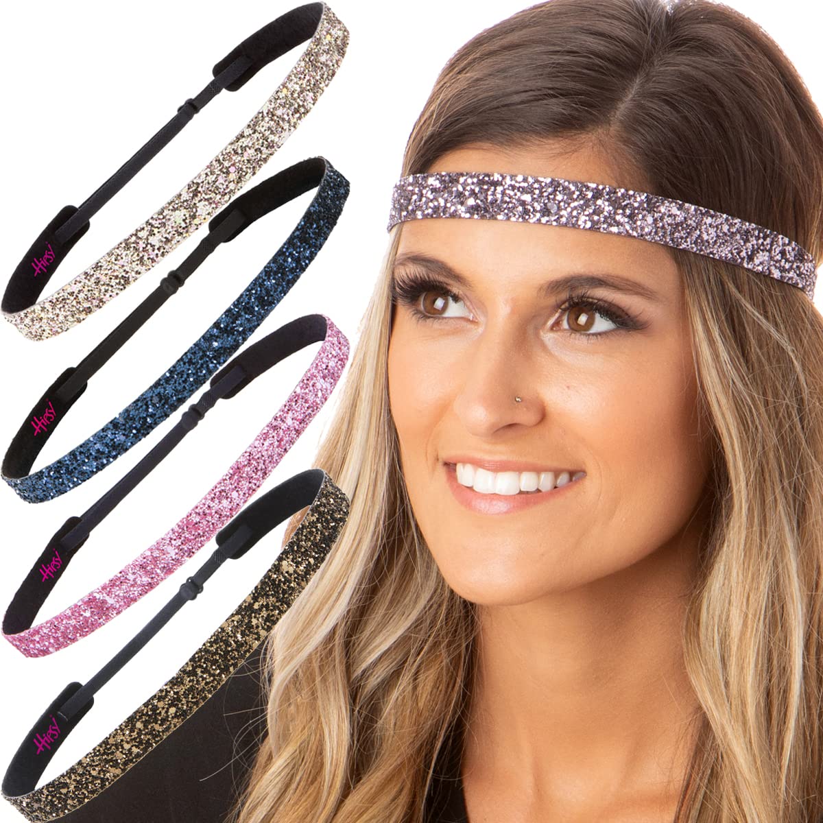 Hipsy Women's Adjustable No Slip Bling Glitter Skinny Cute Headband 5-pack (Skinny Brown/L. Pink/Navy/Rose Gold/Gunmetal 5pk)