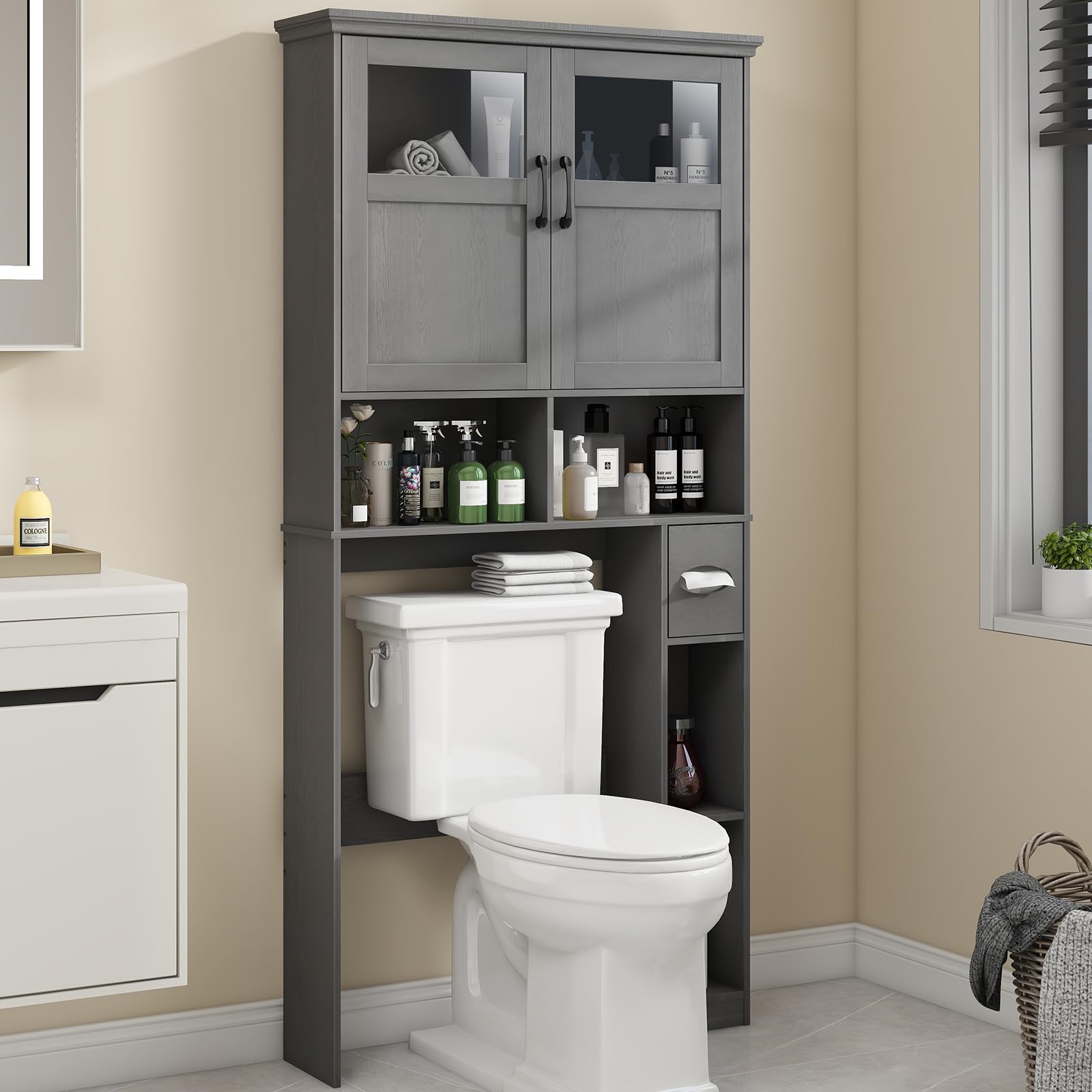 Over The Toilet Storage Cabinet With Double Doors & Paper Holder Stand, Freestanding Shelf Space Saver, Anti-Tip Design & Adjustable Shelf, Natural