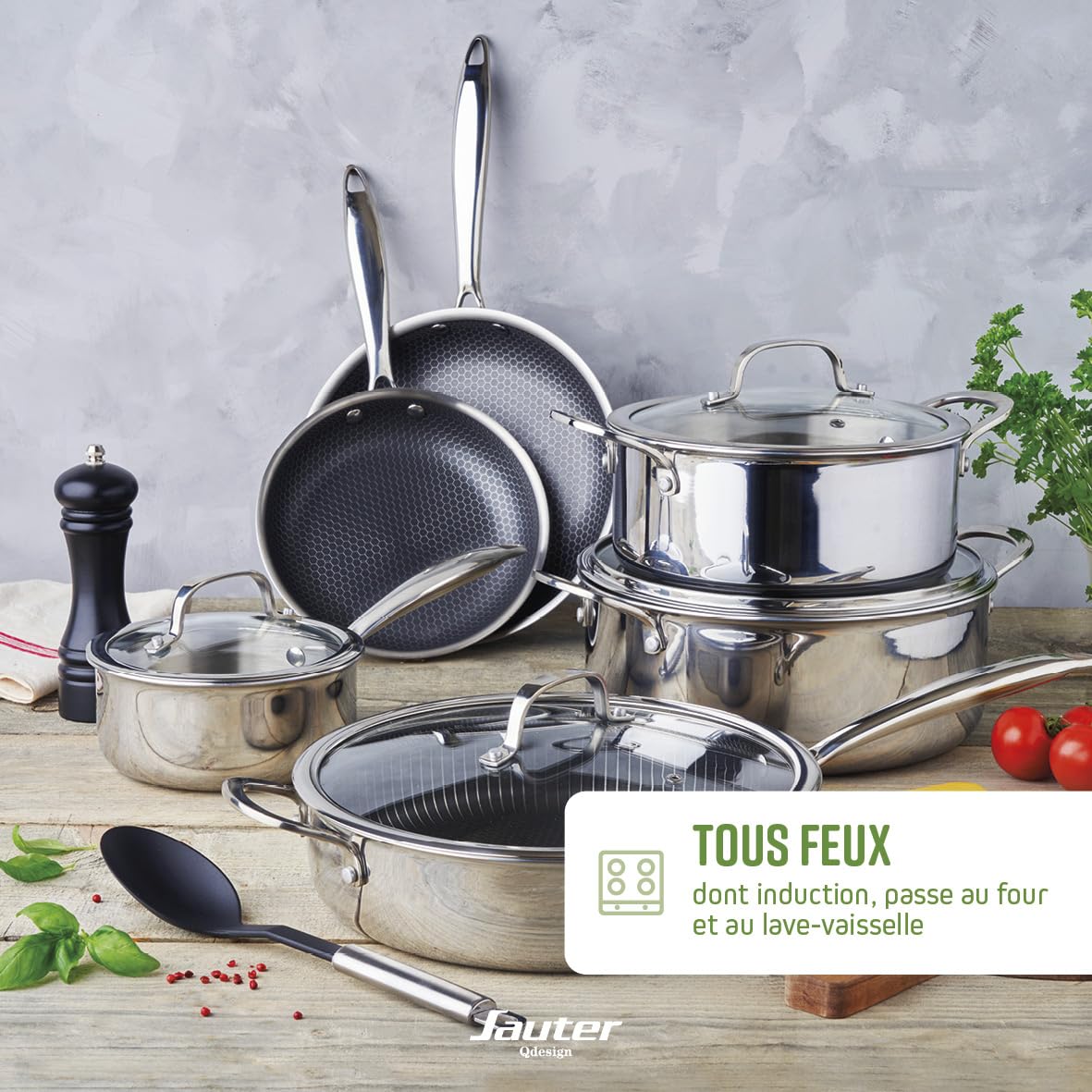Qdesign - Batterie de Cuisine à Induction 3 Pièces - Set de 3 Poêles Anti-Adhésives Multicouche 20, 24 et 28 cm avec Poignée en Acier Inoxydable - Lot pour Tout Feu - Sans PFOA - Argenté