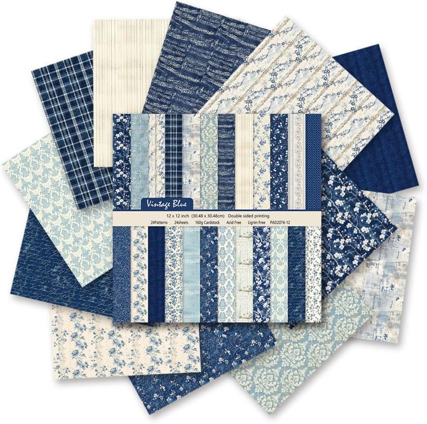 12x12 Scrapbook Paper, 24 Sheets/24 Designs Vintage Blue Scrapbook Paper Set, Double Sided Garden Pattern Floral Decorative Craft Paper For DIY Card Making Photo Album Journal Decor