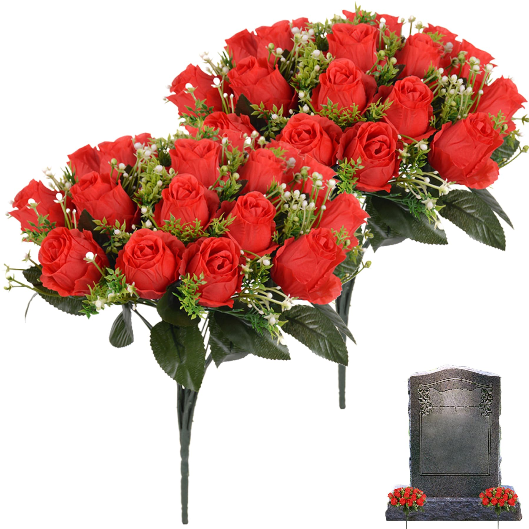 Roses artificielles pour tombes - Lot de 2 bouquets de fleurs funéraires en soie pour cimetière