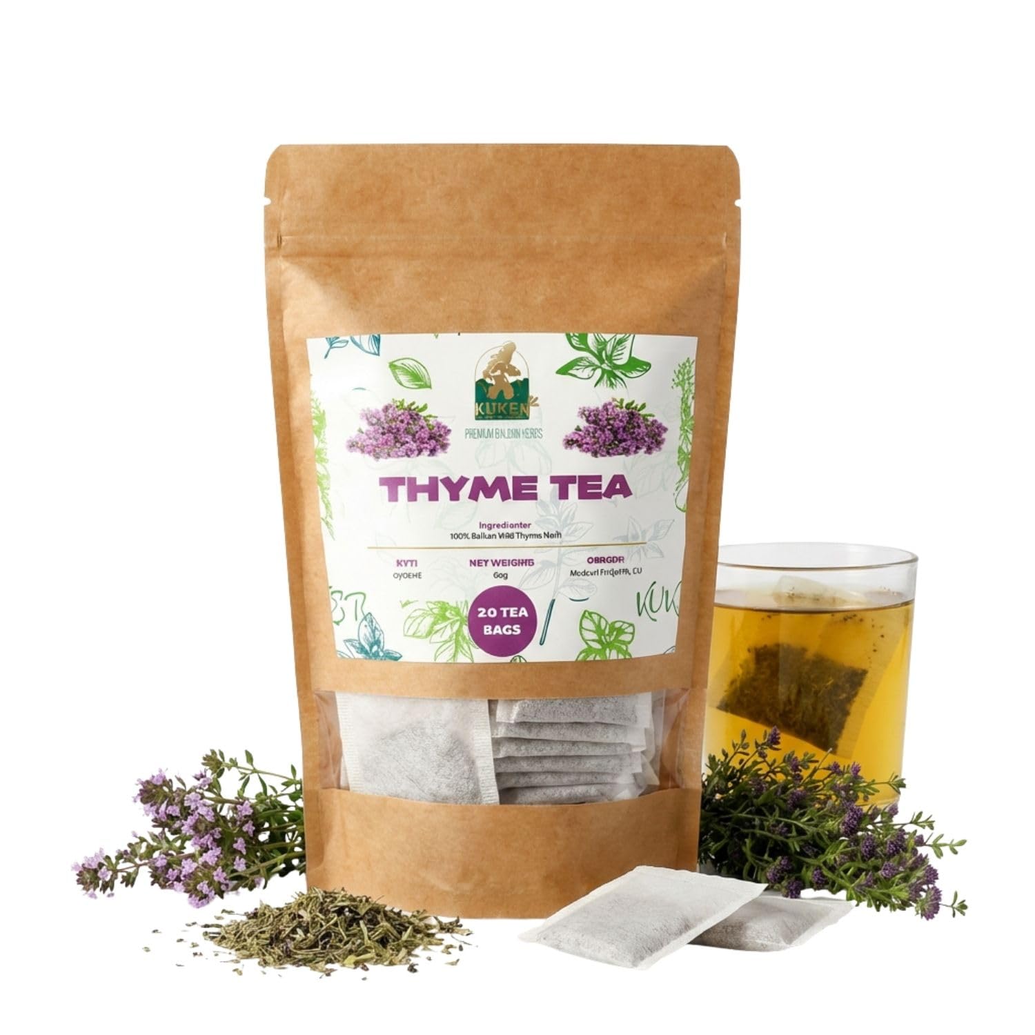 KUKER Thyme Tea Bags 20 Pack – Wild Thyme Herbal Tea for Throat Comfort & Respiratory Support – Traditional Herbal Tea for Daily Wellness – Caffeine Free Herbal Tea Bags with Dried Thyme Leaves