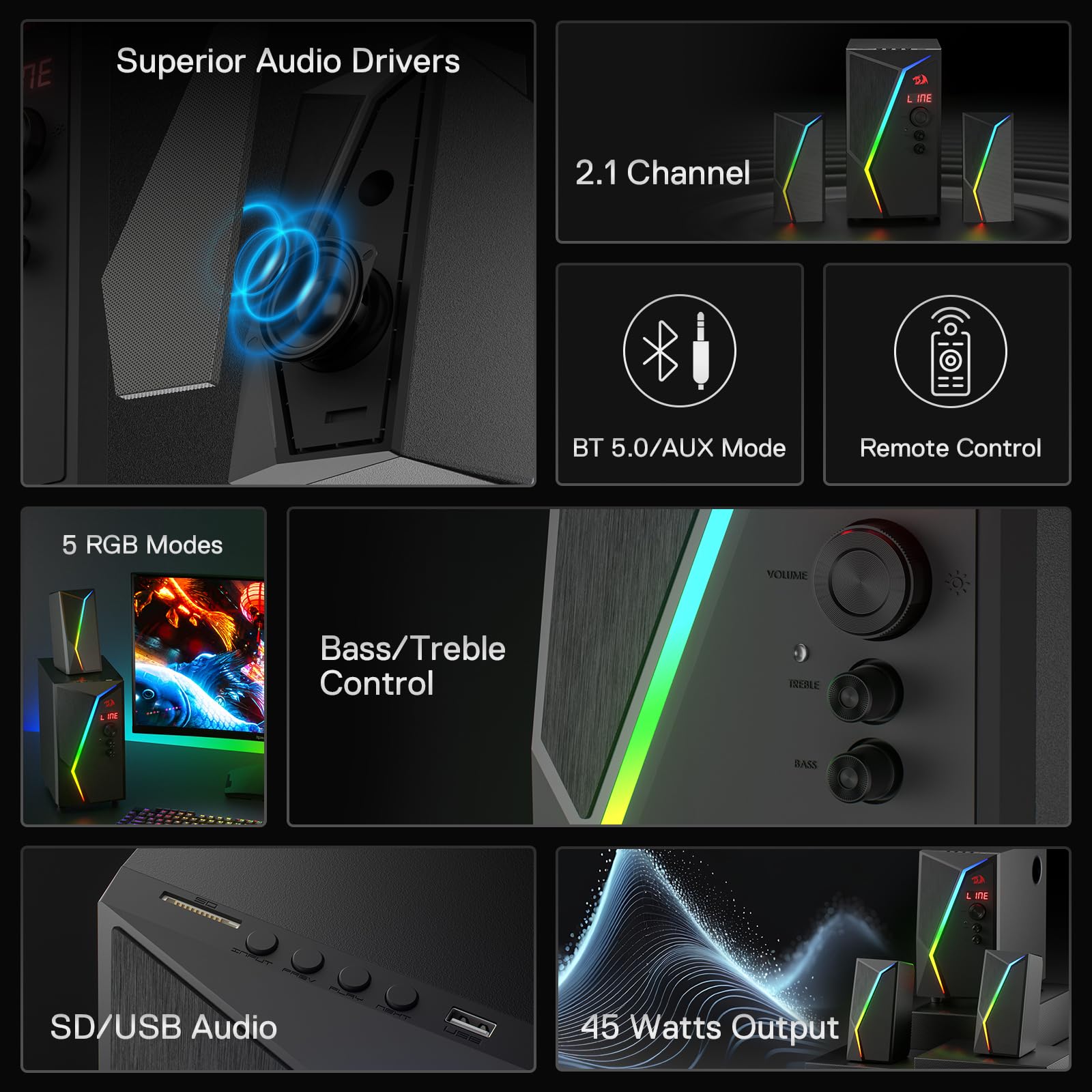 Redragon GS520-PRO Haut-parleur de jeu 2.1 canaux Dynamic RGB w/EQ Mode BT/FM/USB/SD/AUX Noir
