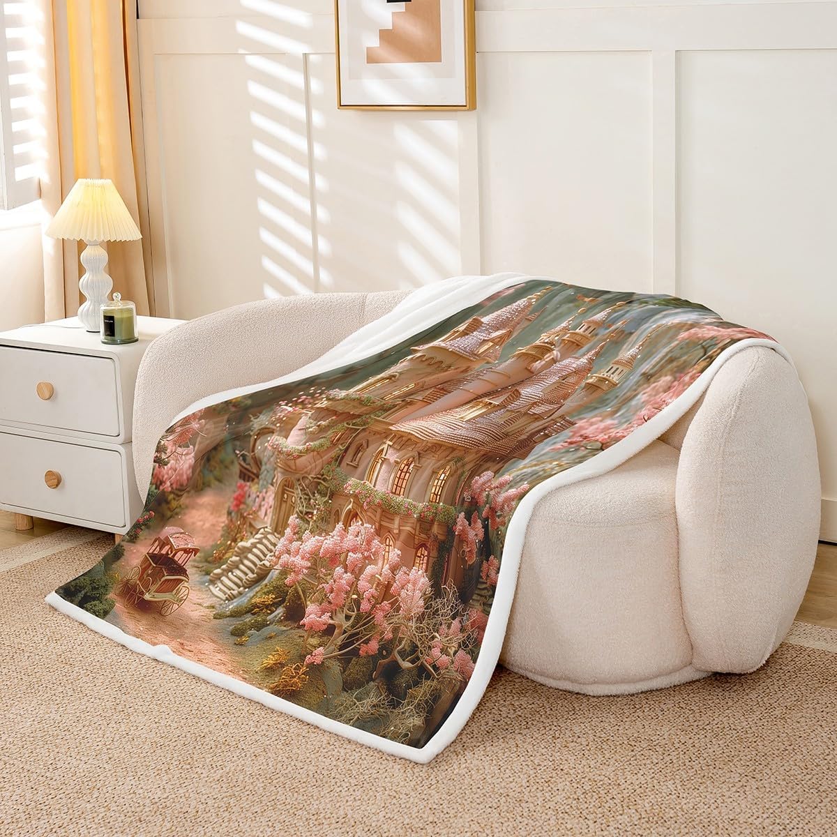Erosebridal Princess Castle Kids Sherpa Blankets Dreamy Aesthetic Castle Girls Twin 60"X80" Throw Bed Blanket Romantic Cherry Blossom Fleece Blanket Pink Flowers Plush Bed Blanket