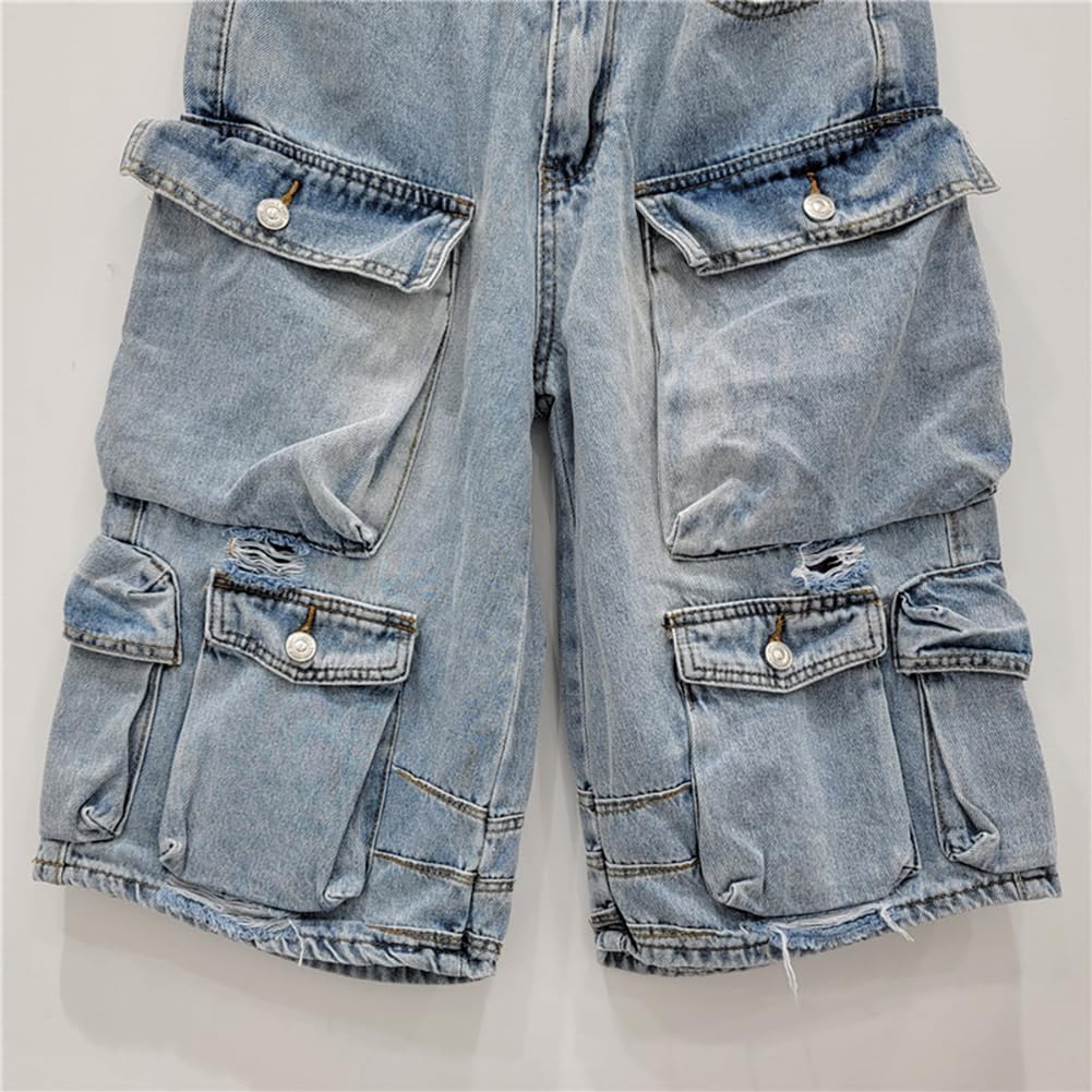 Womens Cargo Denim Shorts with Multi-Pocke Casual Wide Leg Hip Hop Capri Jeans Pants