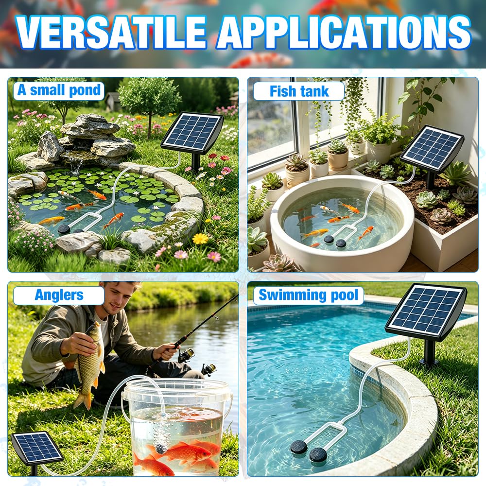 Solar Teichbelüfter, Solar Luftpumpe mit 2 Blasensteinen, IP64 Wasserdichter Sauerstoffgeber für Teich, Aquarium, Hydrokultur, Fischtank, Wasserbrunnen, Garten
