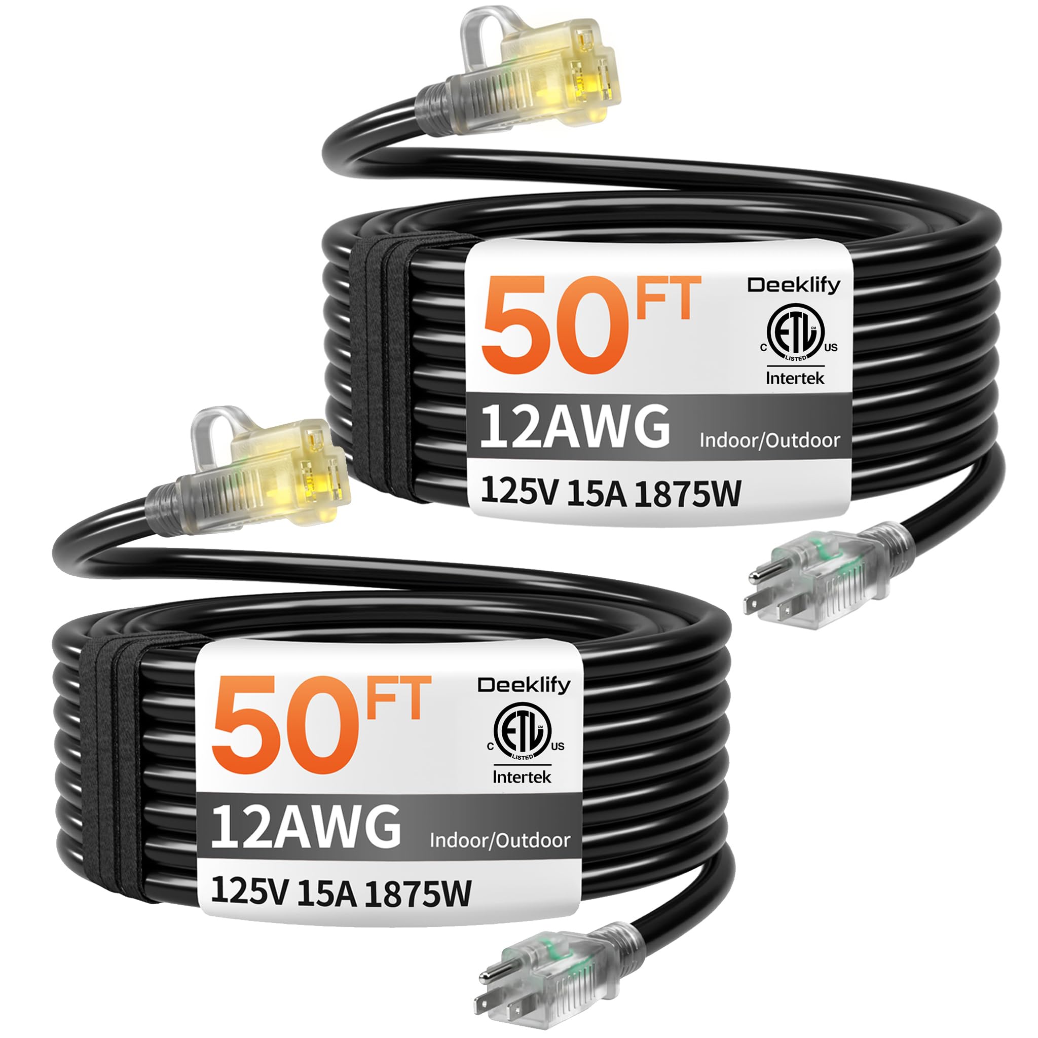 Deeklify 2 Pack 12 Gauge 50 FT Extension Cord