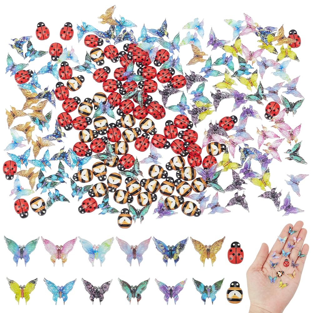 FREEBLOSS 120pcs Miniature Micro Resin Ladybug Butterfly Bee Mini Butterflies Flatback Ladybugs Miniature Dollhouse Accessories for Nail Art Micro Landscaping Decoration, 0.35~0.6"