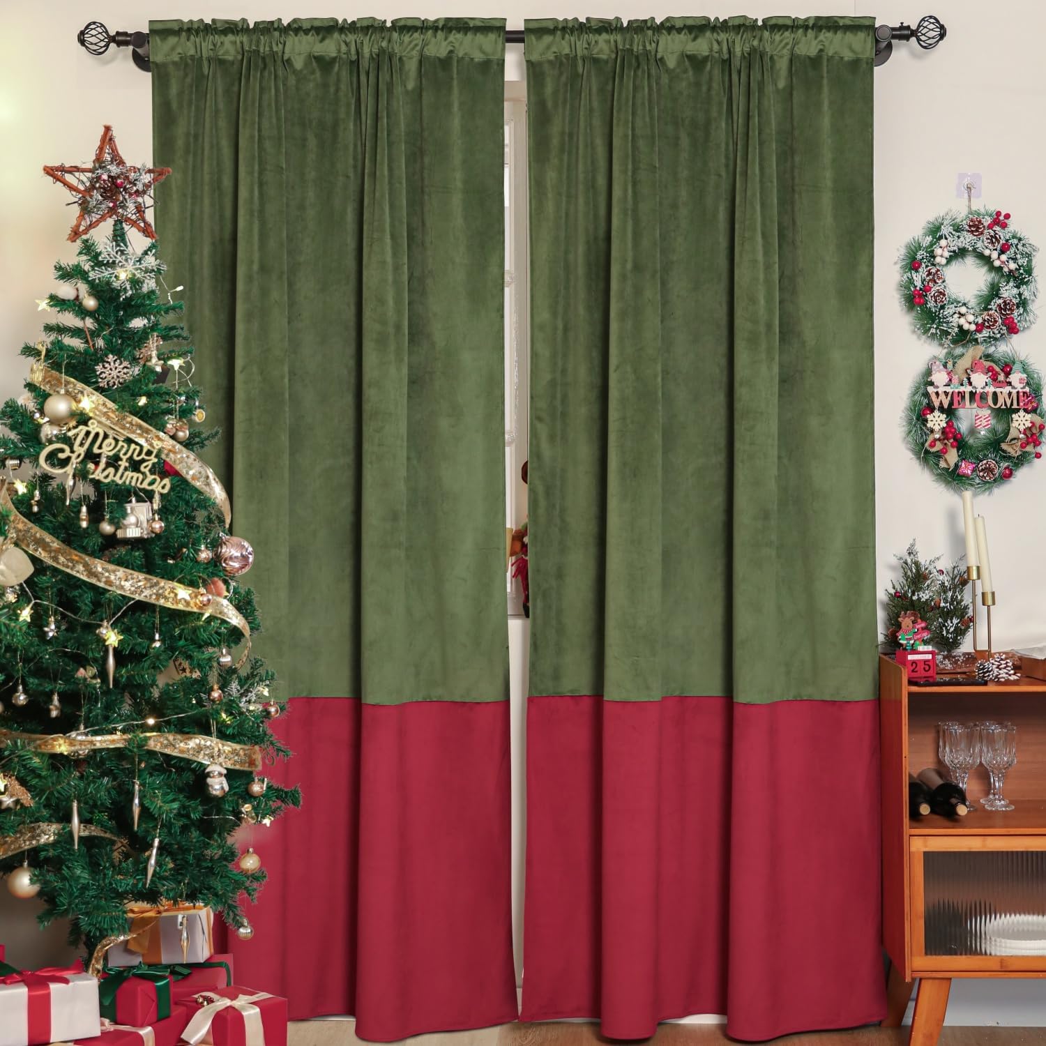 Soft Velvet Curtains 2 Panels Thermal Insulated Privacy Window Treatments for Living Room Green and Red 52x96 Inch