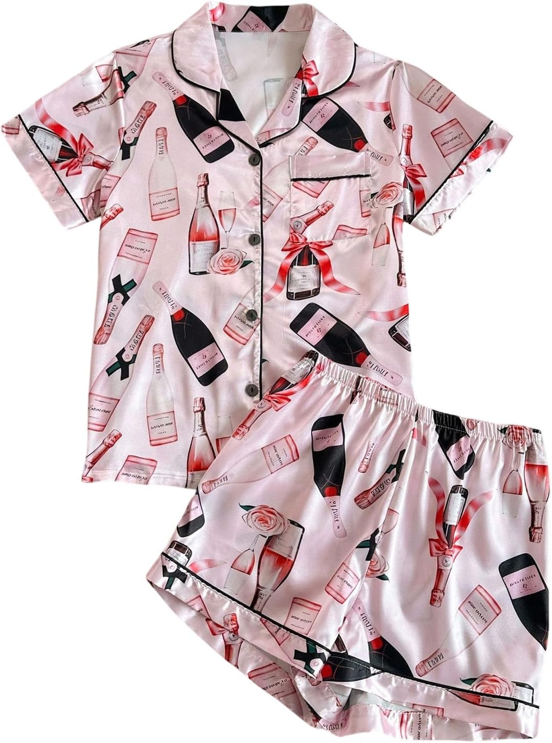 SOLY HUX Women's 2 Piece Pajama Set Satin Graphic Print Short Sleeve Sleepwear Button Down Shirt and Shorts Loungewear