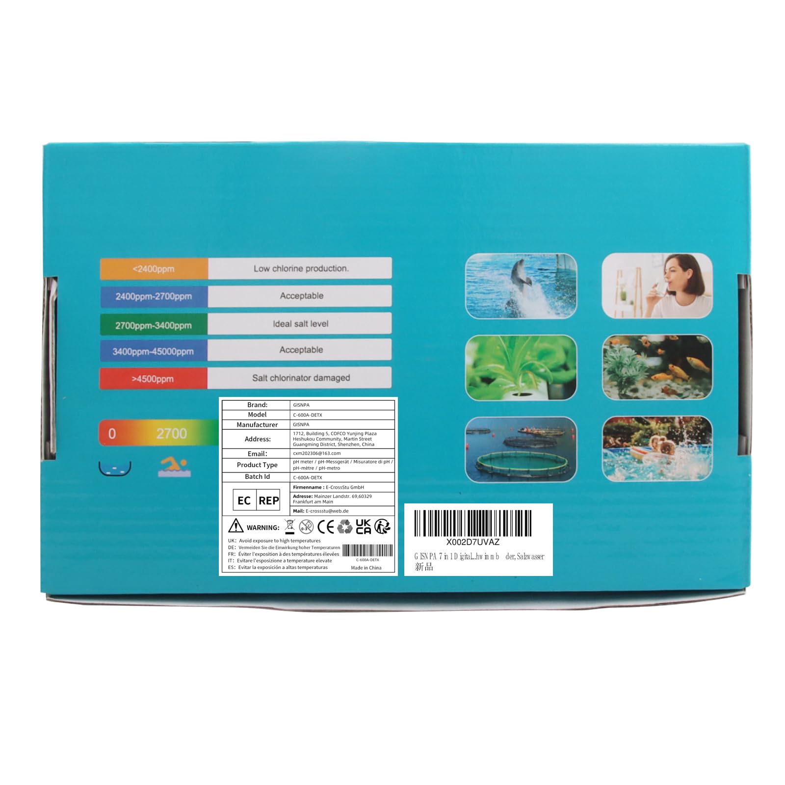 Salzgehalt pH Pool Messgerät, 7 in 1 Salzgehalt Pool Messen für Salzwass Pool, pH Chlor Messgerät pool Wassertester TDS ORP Messgerät für Salzwasser Chlor Pool, Aquarium, Whirlpool
