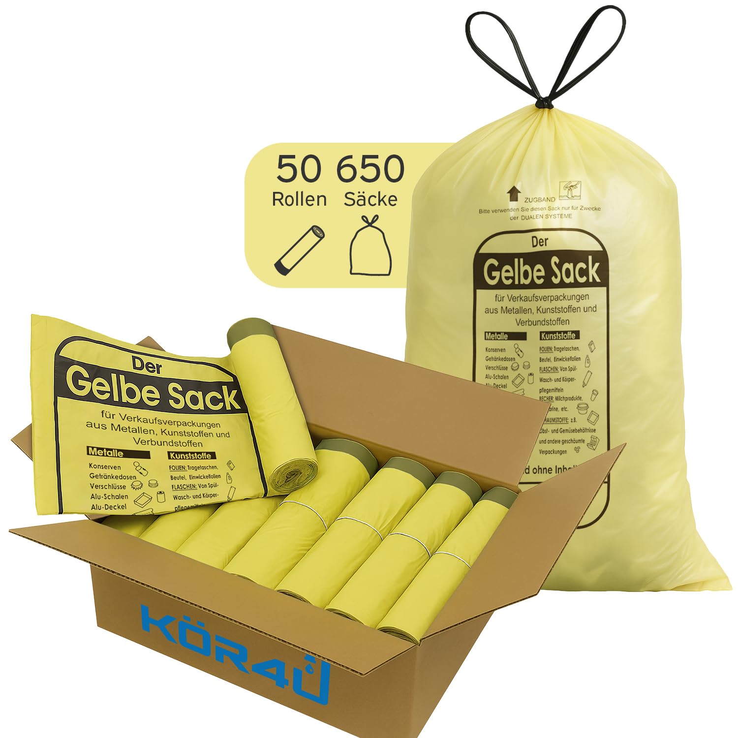 kör4u Bolsas amarillas con cordón, 650 unidades, 90 litros, 15 micras de grosor, resistentes a desgarros, para residuos de embalaje