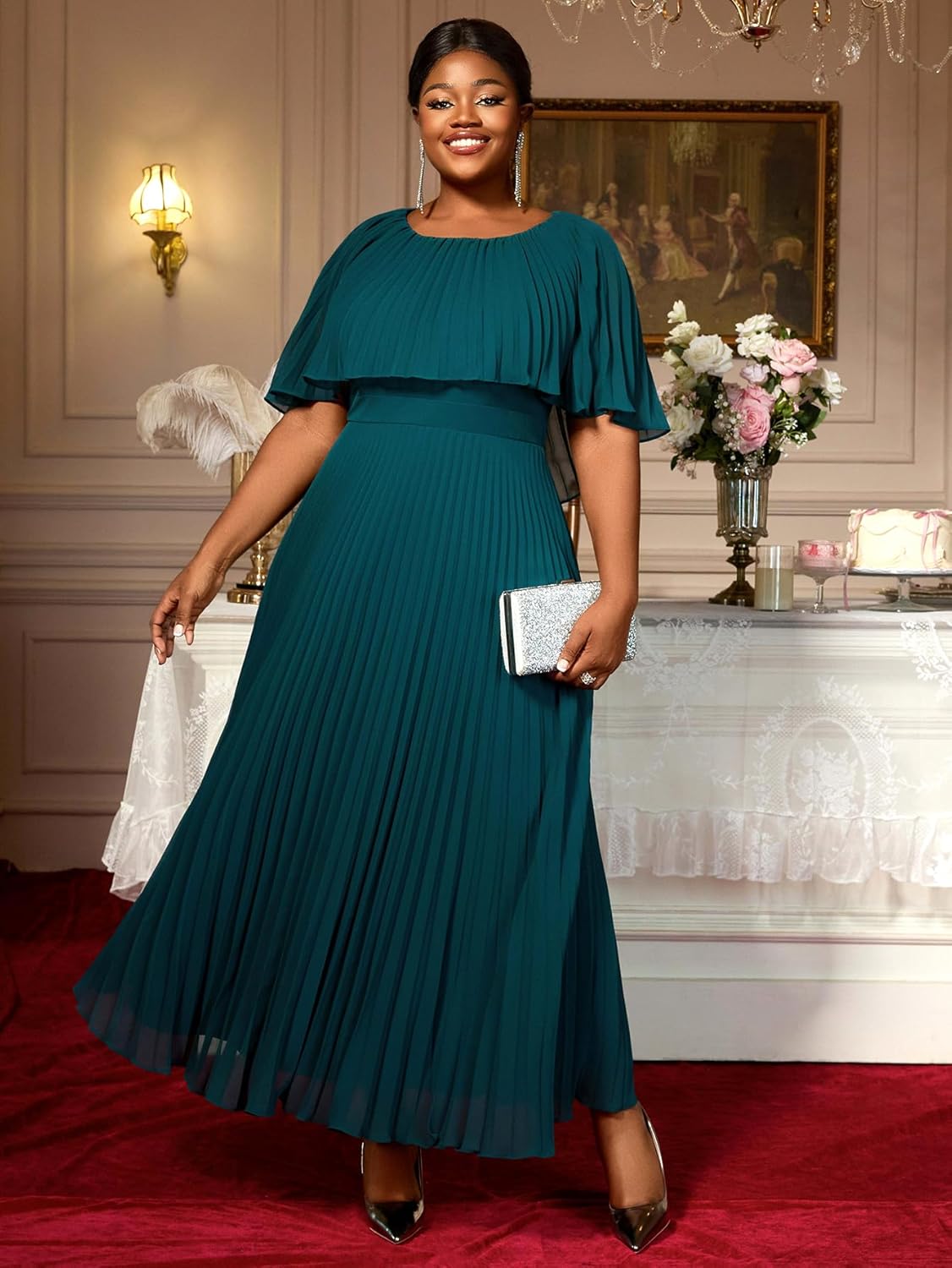 AOMEI Women's Summer Formal Wedding Guest Dress Cape Sleeve A-Line Pleated Maxi Flowy Chiffon Dresses for Women - Image 2