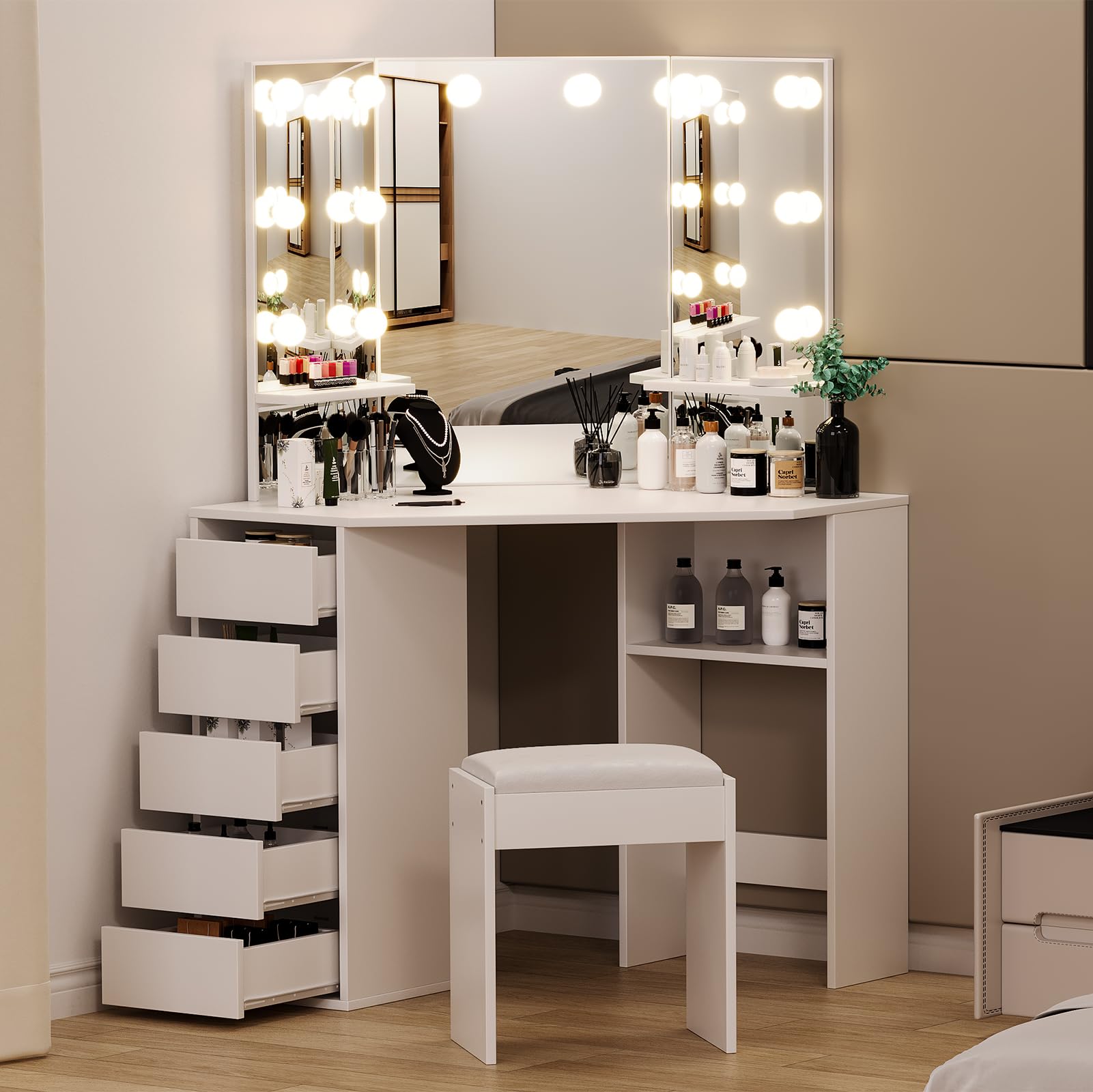 Photo 1 of Garvee Corner Vanity Desk and Bench, Makeup Vanity Table with 3-Folding Lighted Mirrors, Charging Station, 5 Drawers for Bedroom