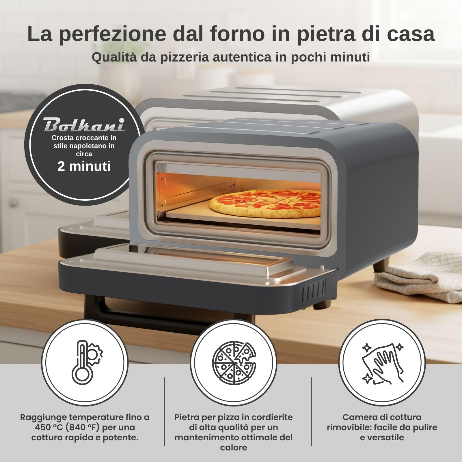 Forno elettrico per pizza – 450 °C con pietra e pala per pizza – 1700 W, timer, luce interna, finestra – Pizza croccante in 2 minuti – Macchina per pizza professionale da casa - BOLKANI (grigio)