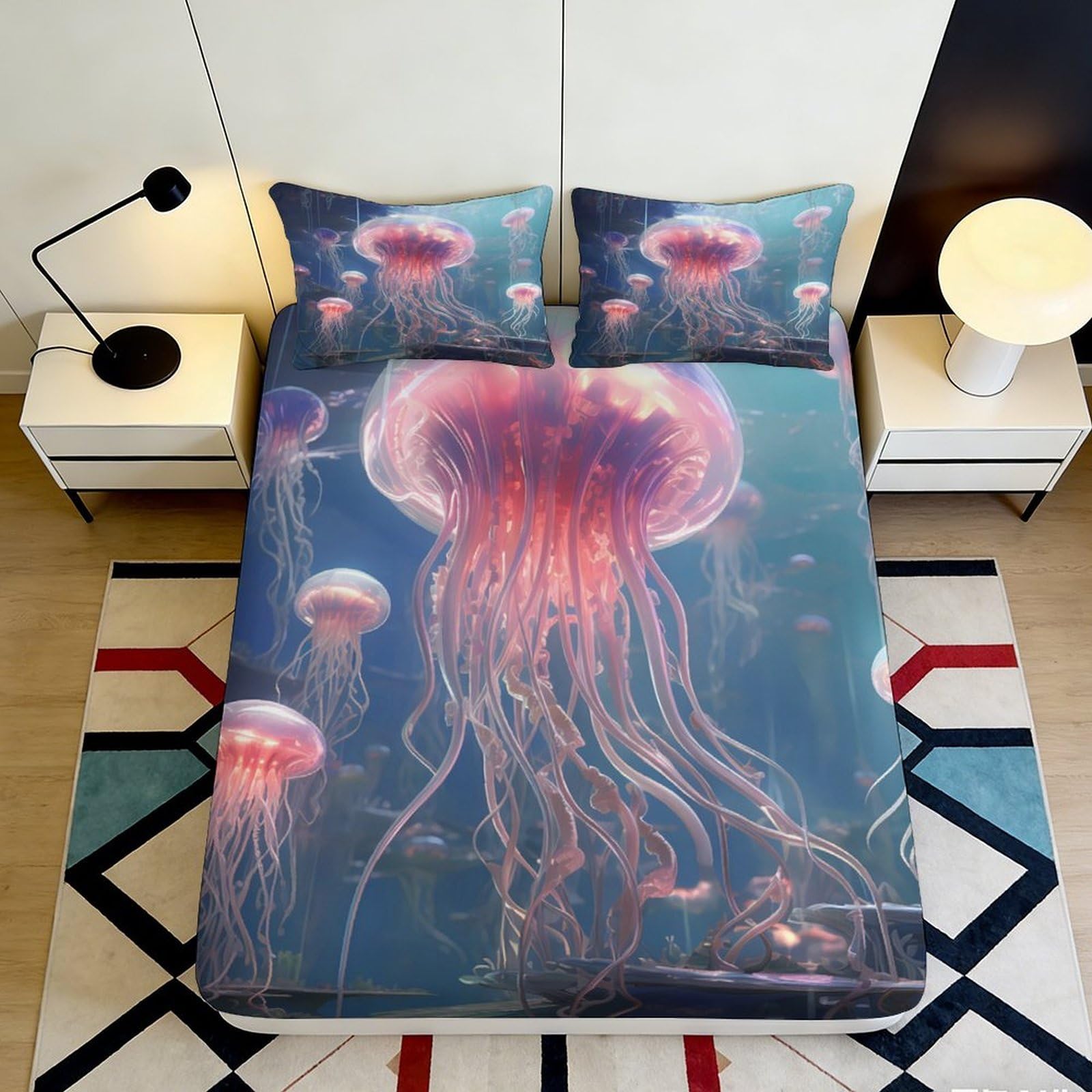 3D Printed Jellyfish Ocean Fitted Sheet Microfiber Soft Breathable Underwater Mattress Cover for Bedroom Decor 90x200x25cm