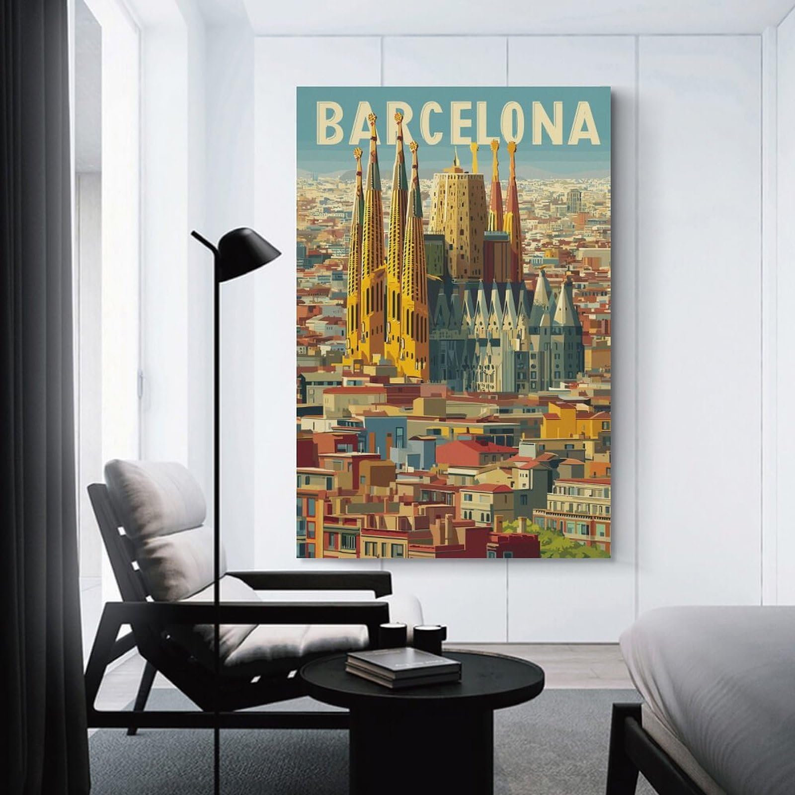 Junmoney Barcelona Cityscape with Sagrada Familia(4) Wall Picture Print, 20x30inch(50x75cm), for Feature Walls in Flats Or Modern Rooms, Decorative Artwork with Flexible Styling