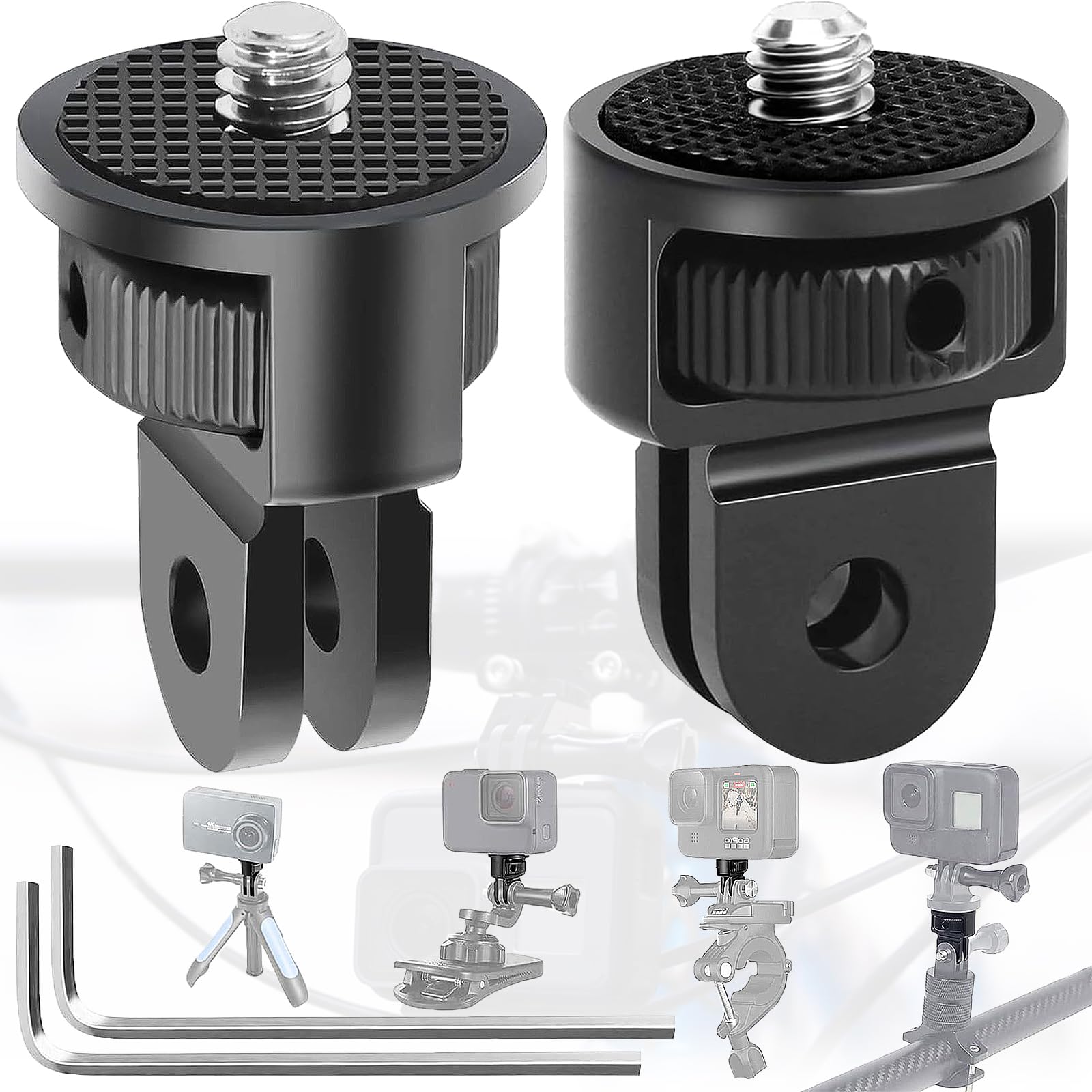 2 Pièces Adaptateur de Trépied en Aluminium, 1/4" Fixation de Trépied Compatible, Ajustement à 360 ° Adaptateur de Caméra, avec 2 Clés, pour Gopro Hero10, Sjcam Caméra(Noir)
