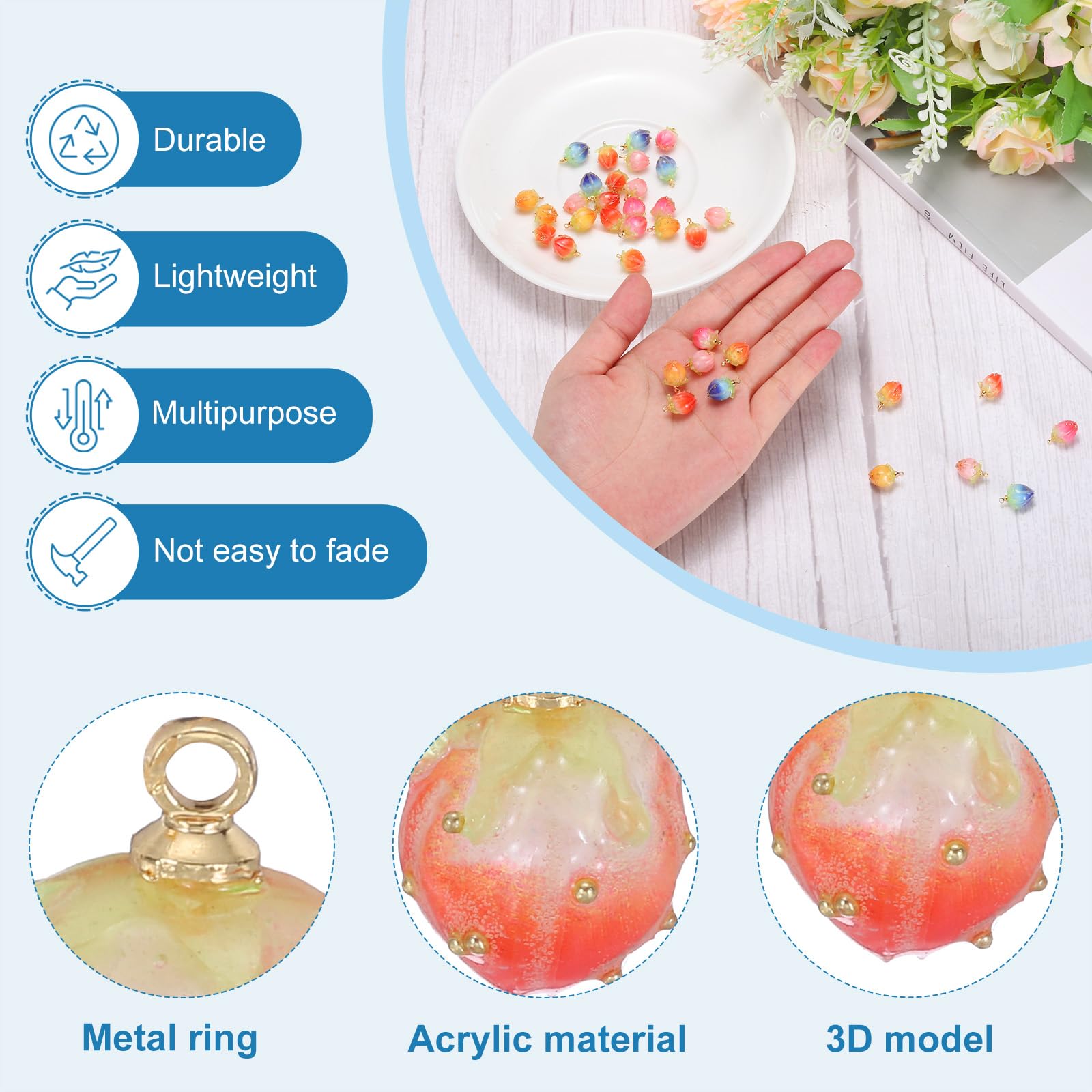PATIKIL 0.6x0.4 Flower Beads, 16Pcs Acrylic Flower Buds Beads Mini Rose Charm for Bracelets Earrings, Necklaces - Image 3