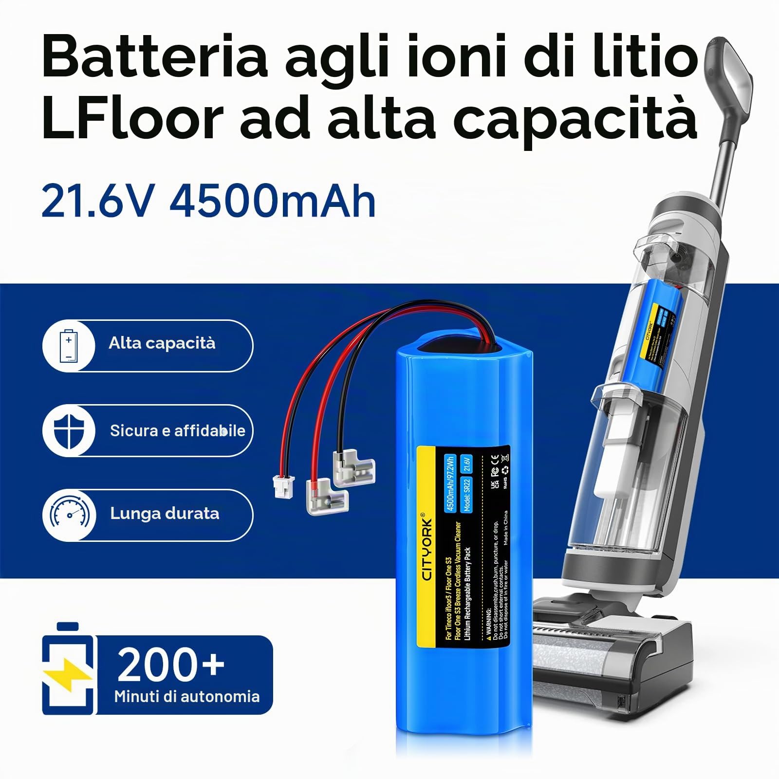 CITYORK 21,6 V 4500 mAh batteria di ricambio compatibile con Tineco Floor One S3, Floor One S3 Breeze Cordless Vacuum Cleaner