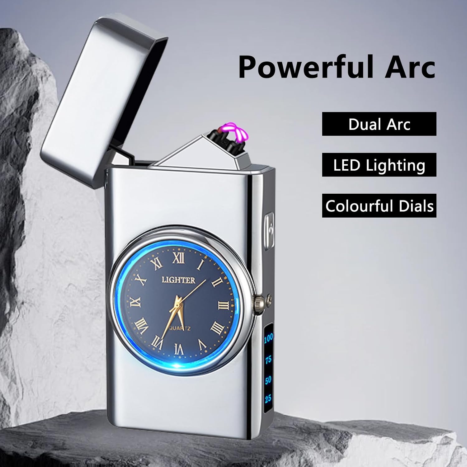 Rechargeable Windproof Arc Lighter with Dual Flame, LED Light, Cool Dial Display, USB Charging – Perfect for Camping, Hiking, BBQ, and Everyday Use(Silvery) image 2