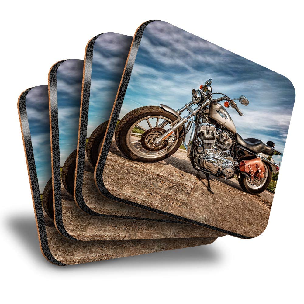 Destination Vinyl Ltd Multicolor Great Coasters (Set Of 4) Square - Classic Motorbike Biker Cruiser Bike Drink Glossy Coasters/Tabletop Protection For Any Table Type #44623