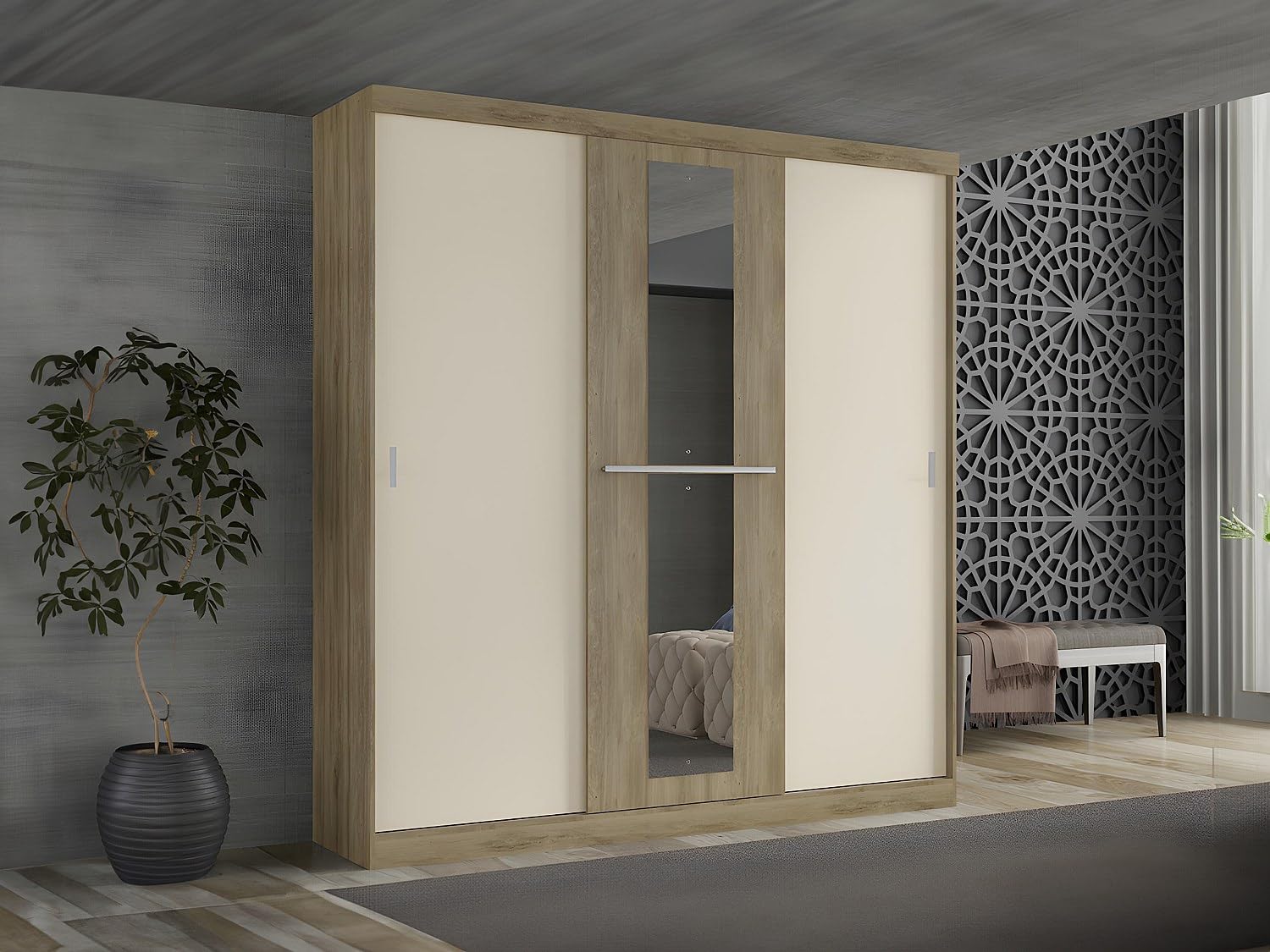 Vente-unique - Armadio 3 Ante scorrevoli L.205 cm Quercia e Avorio - DIDDA