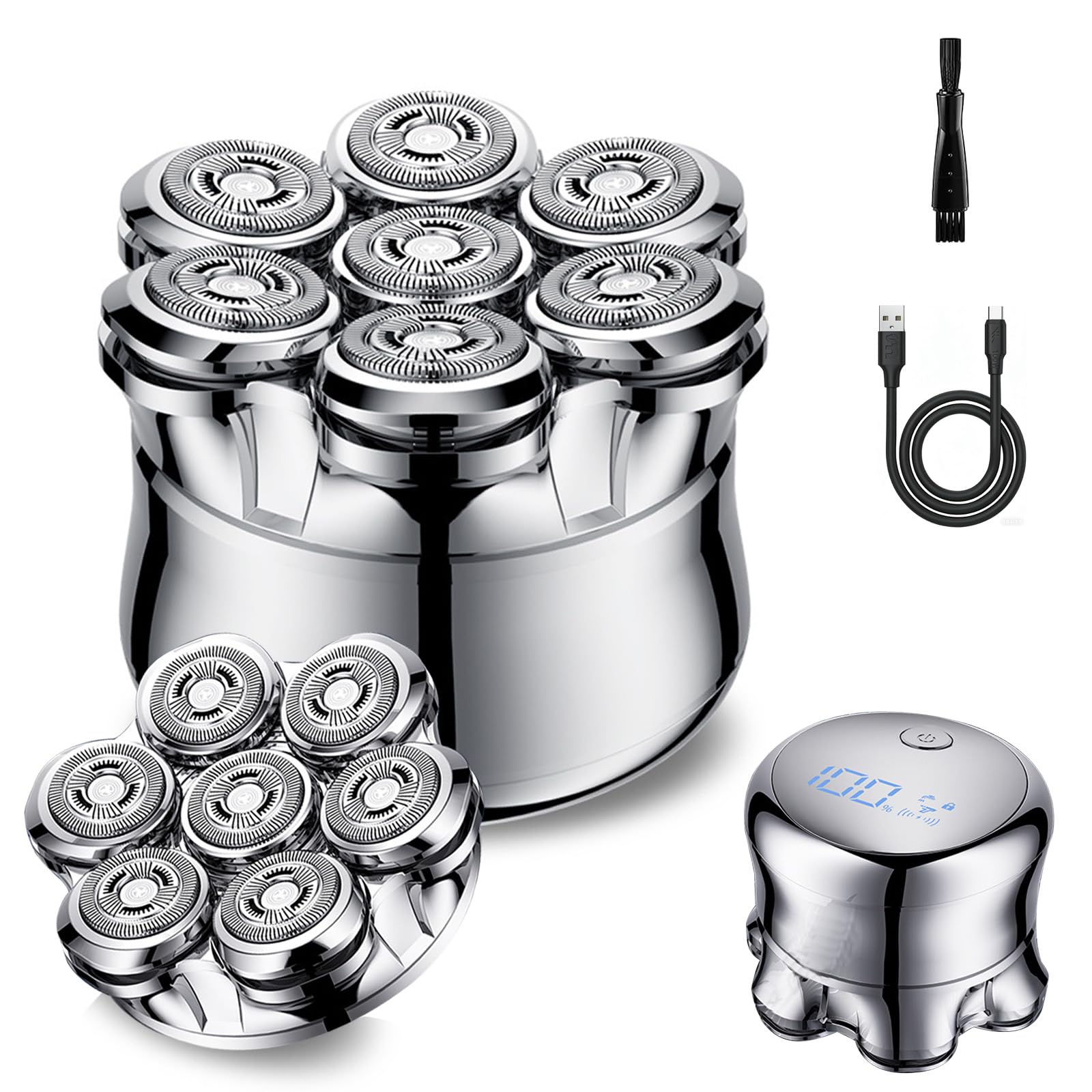 Afeitadora de cabeza calva para hombre, cortadora calva 7D cabeza magnética con pantalla LED, cortapelos de grúa calva seca y húmeda, larga vida útil de las pilas, carga USB-C, fácil de limpiar