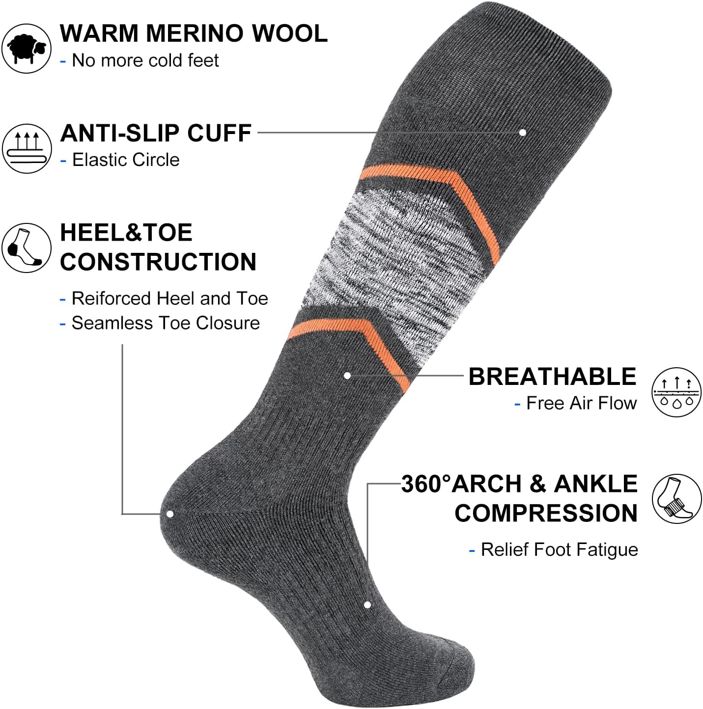 FITRELL 2/3 Pack Merino Wool Ski Socks for Snowboarding, Full Cushioned Winter Thermal Knee-high Warm Socks for Men and Women - Image 4