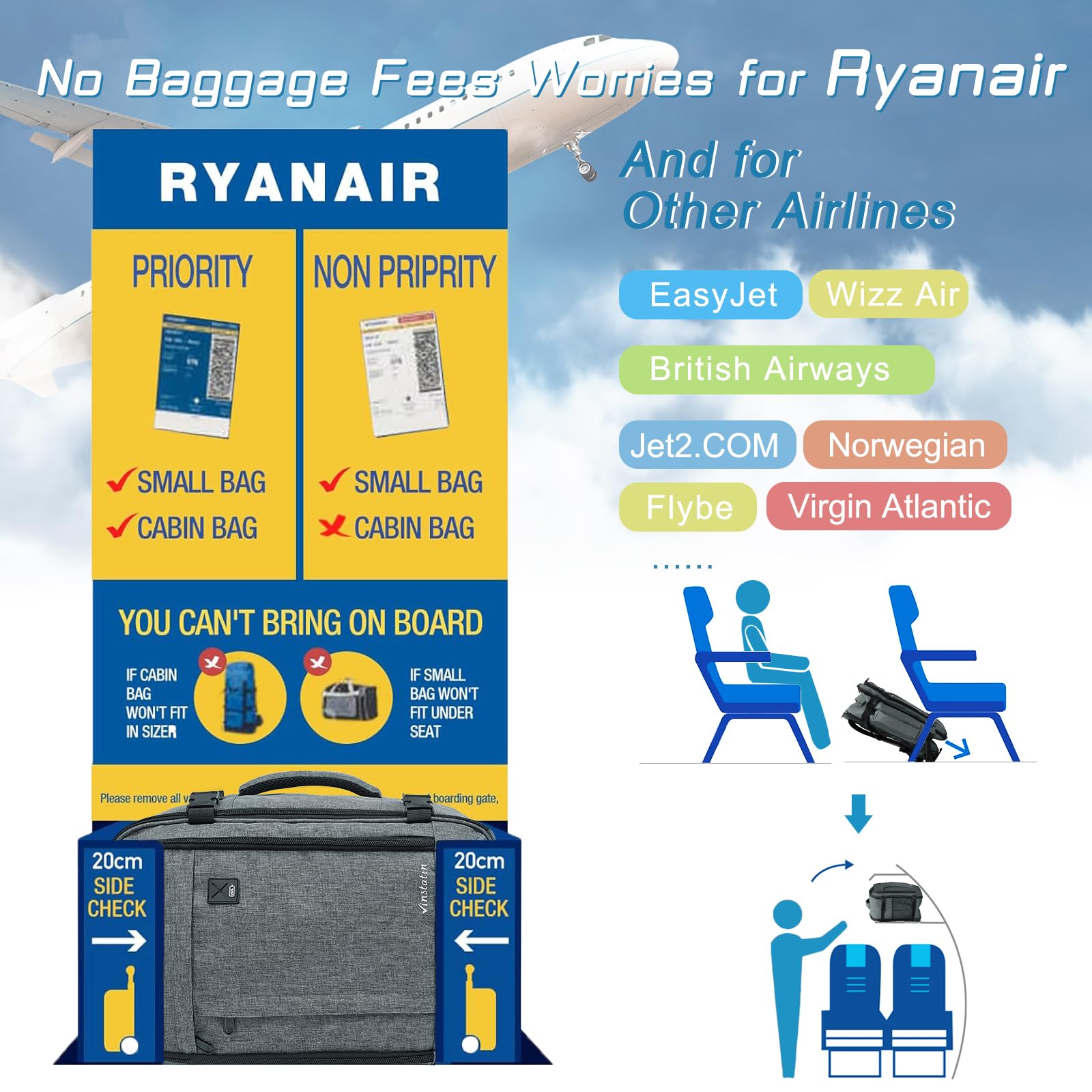 Vinstatin Zaino Ryanair 40x20x25 (20L) Zaino da Viaggio per Donne e Uomini,Zaino Aereo con 4 Sacchetti Organizzatori, bagaglio a mano Borsa Viaggio Cabina Zaino Travel Viaggio Casual