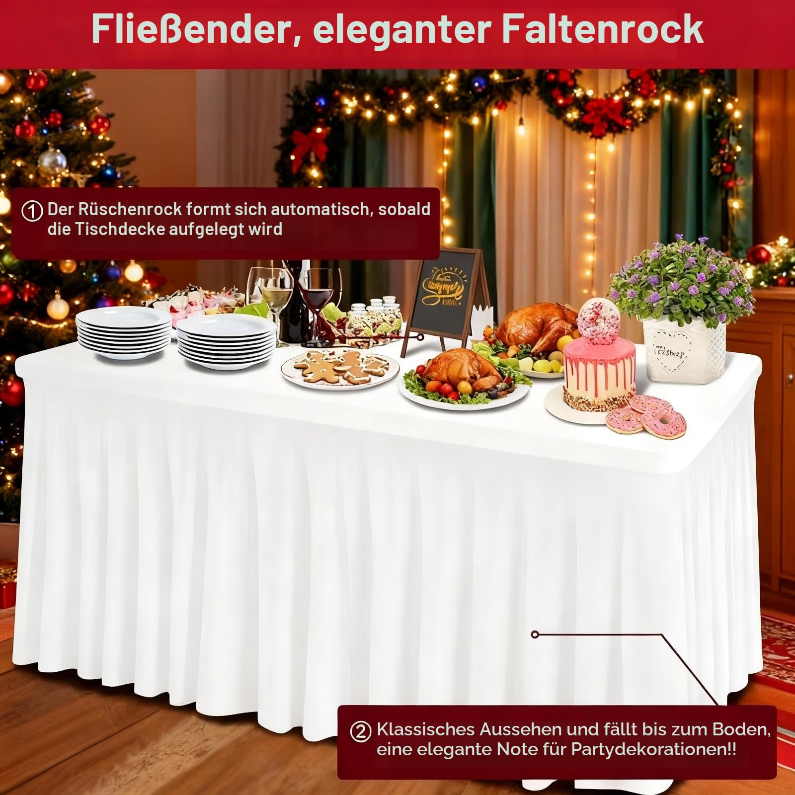 Thick 2 in 1 Spandex Tabelle Rock und Tabelle Abdeckung 8ft, Rechteck Fitted Tischdecke mit plissierten Rock, faltenfreie rechteckige Tischdecke für Bankette (Weiß, 244 * 76 * 74CM)
