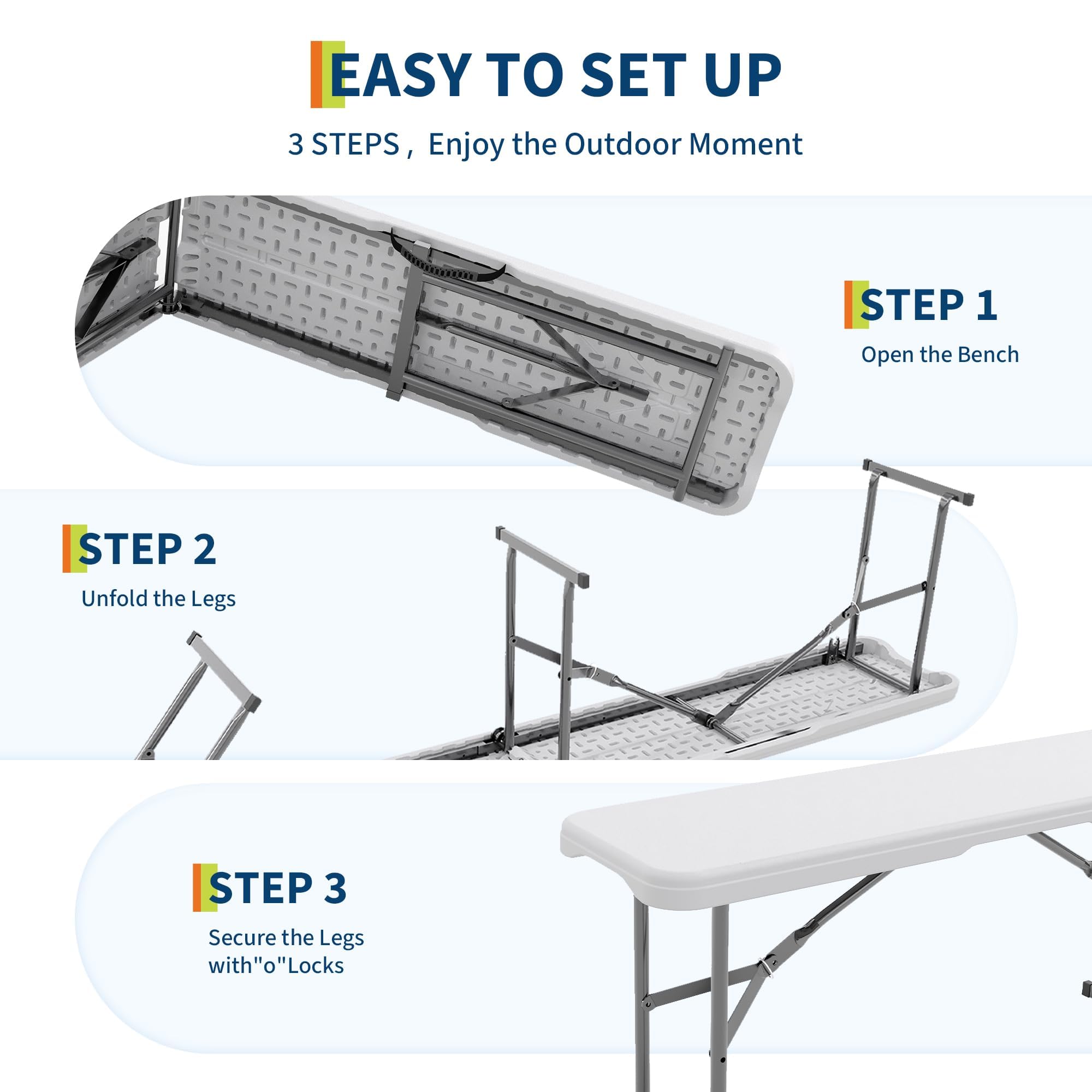 Banc Jardin Pliable HDPE, 183cm, Capacité 172kg | HDPE étanche facile à nettoyer, cadre métal antirouille, verrouillage sécurité, pliable compact avec poignée
