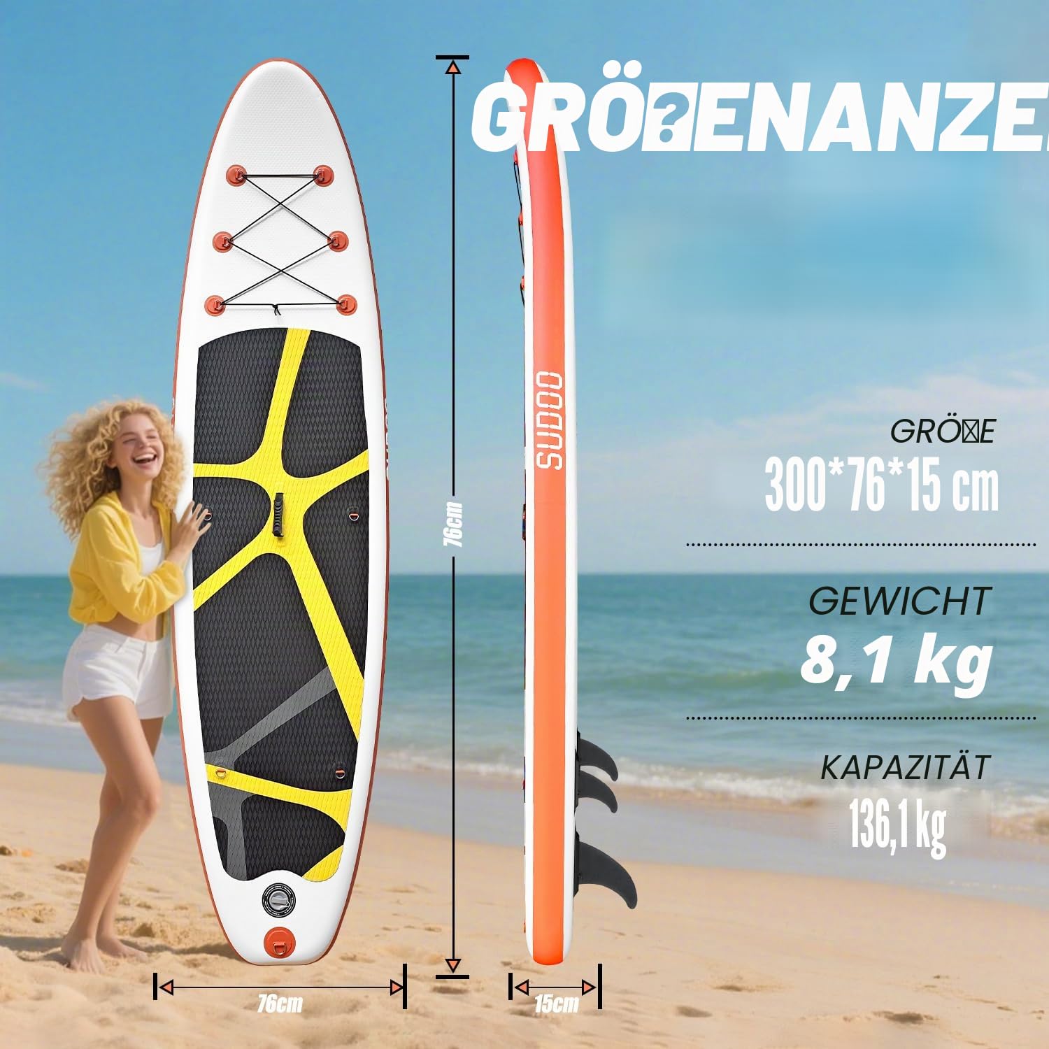 SUDOO 3M Aufblasbares Stand-Up-Paddle-Board, 15cm dick SUP Board Komplettset, rutschfest Eva-Deck Surfbrett, Komplettes Surfbrett-Set für Anfänger, Erwachsene, Angeln/Yoga