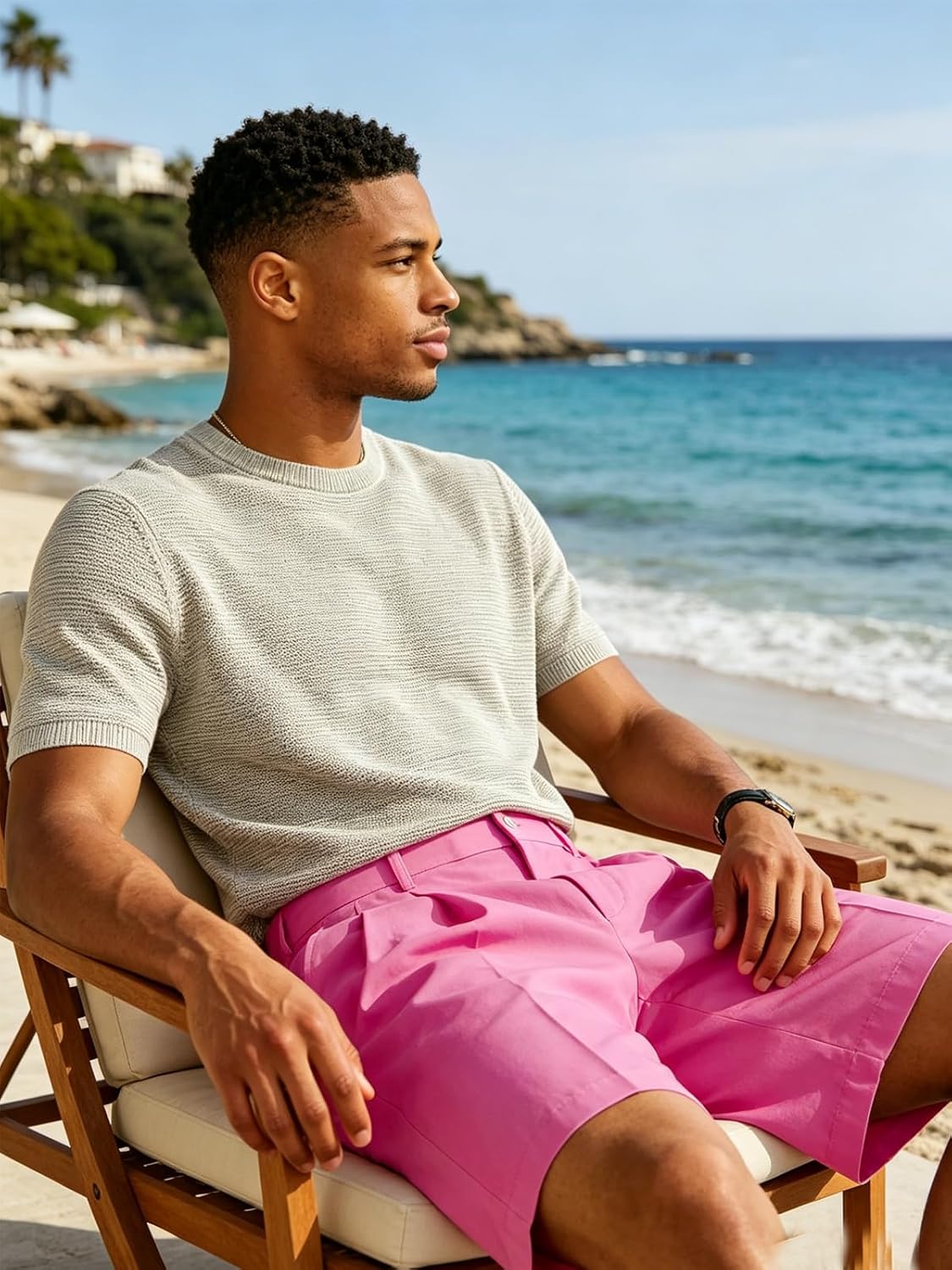Men's Casual Pleated Dress Shorts Classic-Fit Golf Shorts for Men Cotton Elastic Waist Multi Pockets