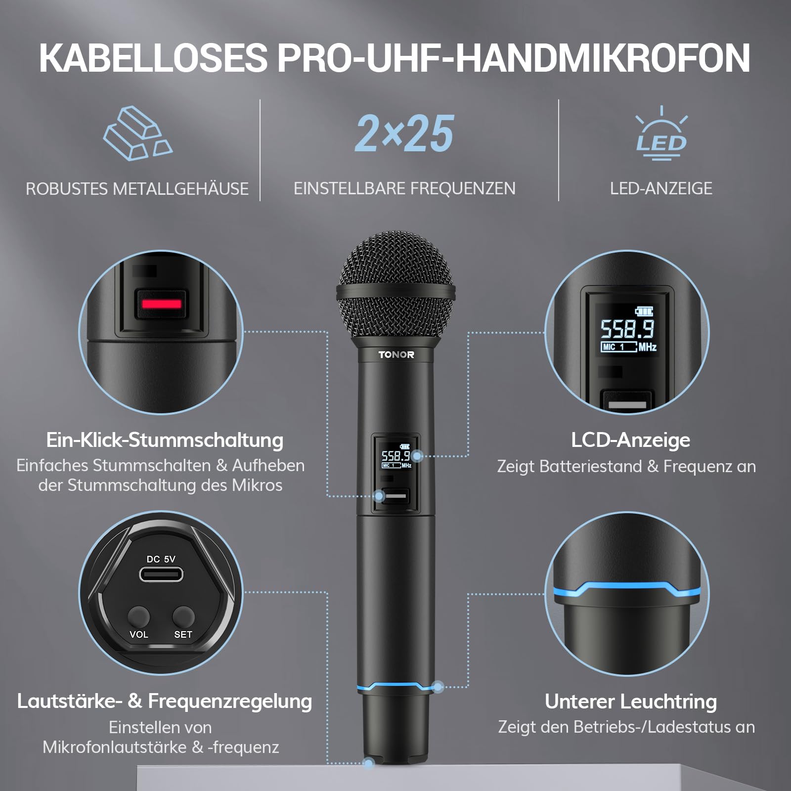 TONOR TW720 Drahtloses Mikrofon Set, Bluetooth Wiederaufladbares UHF Funkmikrofon, 2x25 Einstellbar, 100 m