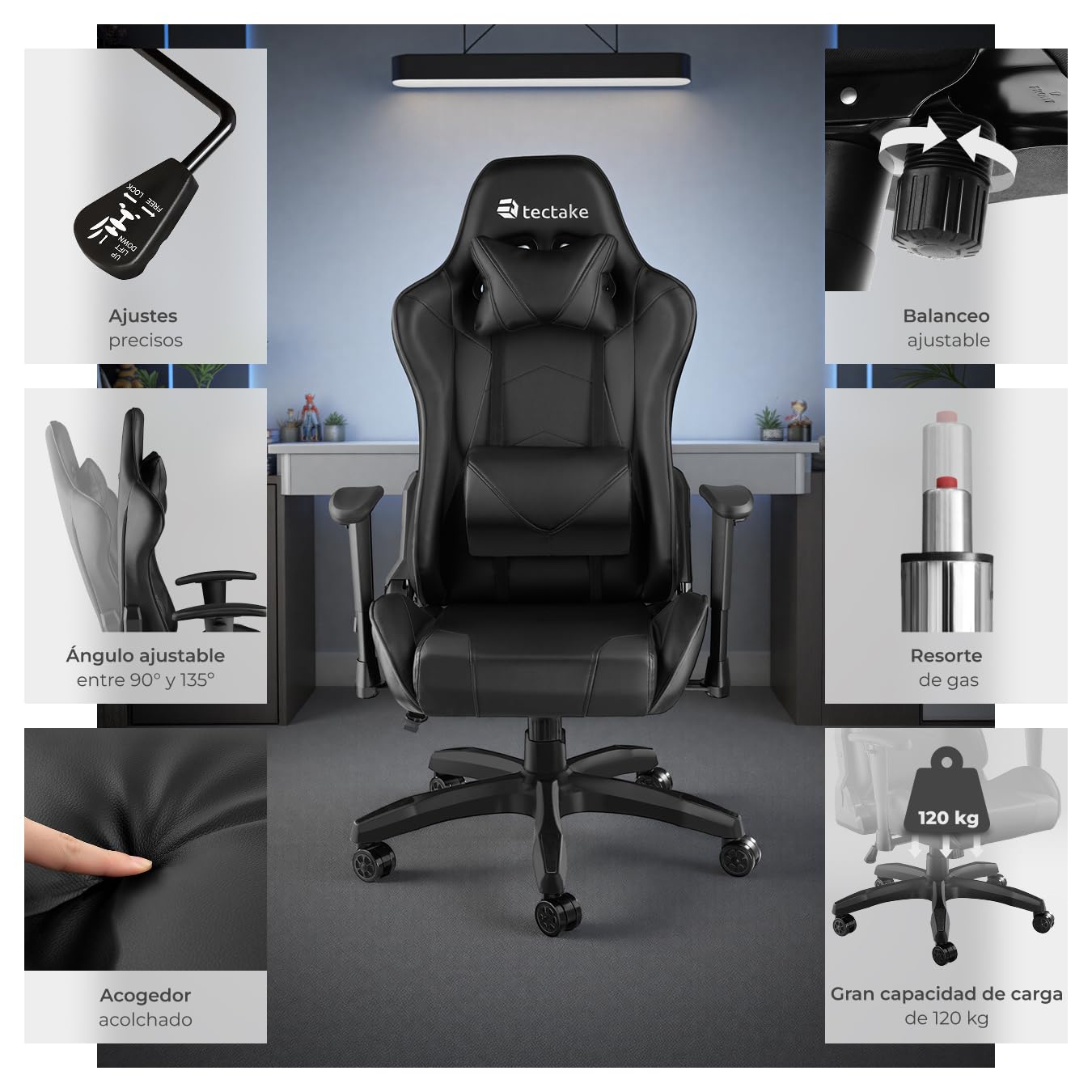 tectake® Silla Escritorio, Silla Ergonómica con Reposabrazos Ajustables, Silla de Estudio Moderna, Silla con Reposacabezas y Cojín Lumbar Extraíbles, Mecanismo Basculante, Rotación 360° - Negro/Negro