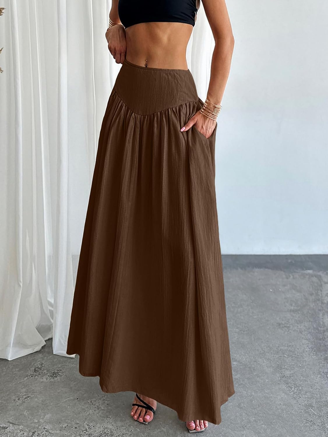 Milumia Women's Pleated Flowy Long Skirts High Waist Maxi Skirt with Pocket - Image 6