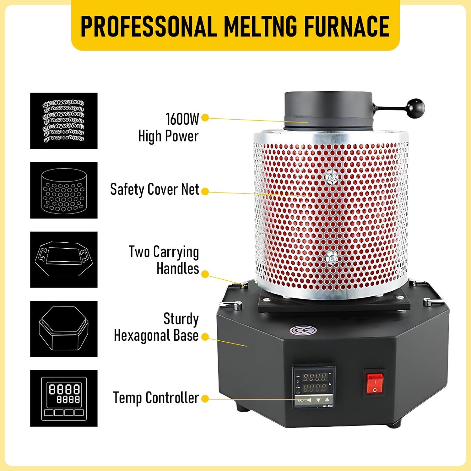 1/2/3KG Gold Melting Furnace - 2100°F 1600W Digital Electric Melting Furnace Kit for Quick Smelting Scrap, Gold, Silver, Copper, Aluminum black-2kg