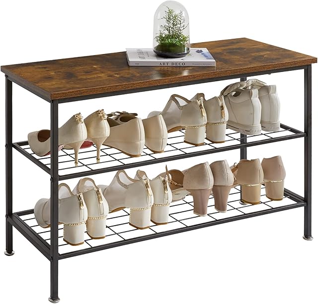 IBUYKE Shoe Bench, 3-Tier Industrial Shoe Rack, Shoe Storage with Mesh Shelf for Entryway, Living Room, Bedroom, Hallway, 80x30x49.5 cm, Easy Assembly, TXJ003H